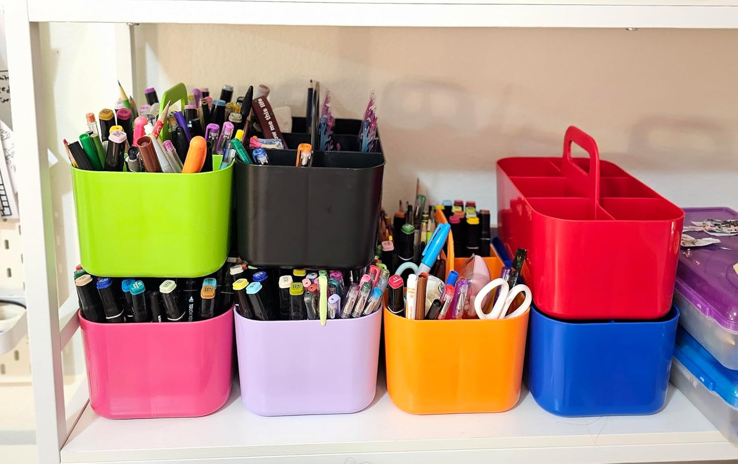 2 Pack Small 6 Compartment Multiuse Caddy Organizer with Handle Art Craft Supplies, Office, Desk, Stationery Pen Holder Stackable- Made In USA (Orange)