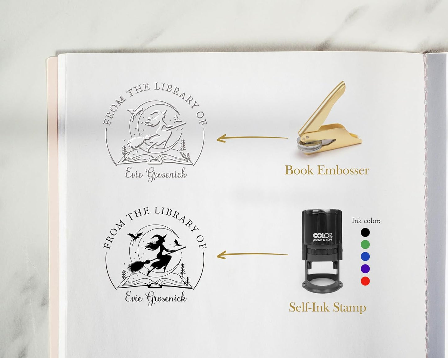 Book Embosser Personalized Skull Edition – 20 Gothic & Dark Academia Designs, Custom Book Stamp Personalized for Unique Collectors