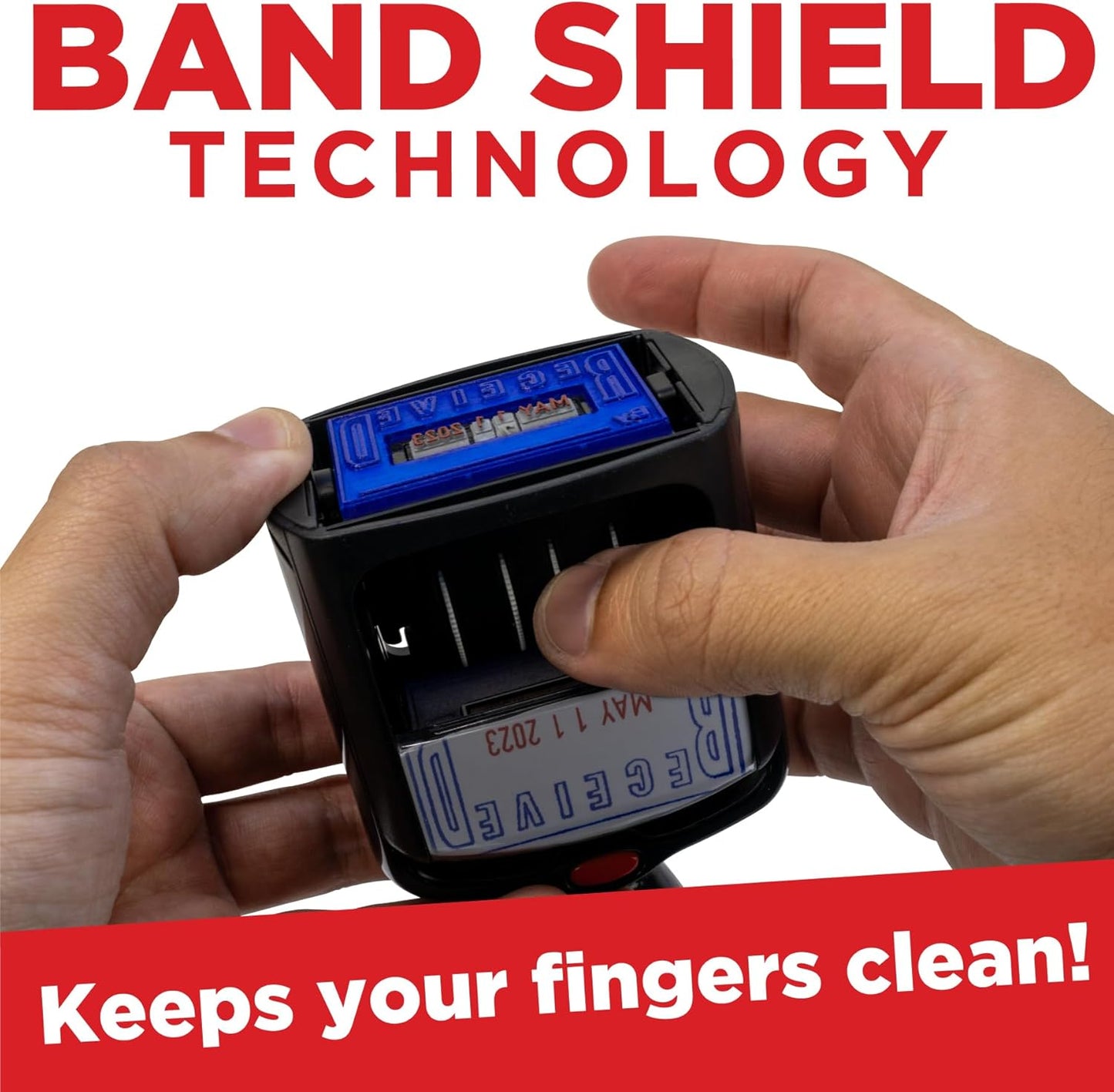 Self-Inking Rubber Date Office Stamp with Posted Phrase - Blue Ink & Date Red Ink - 12-Year Band