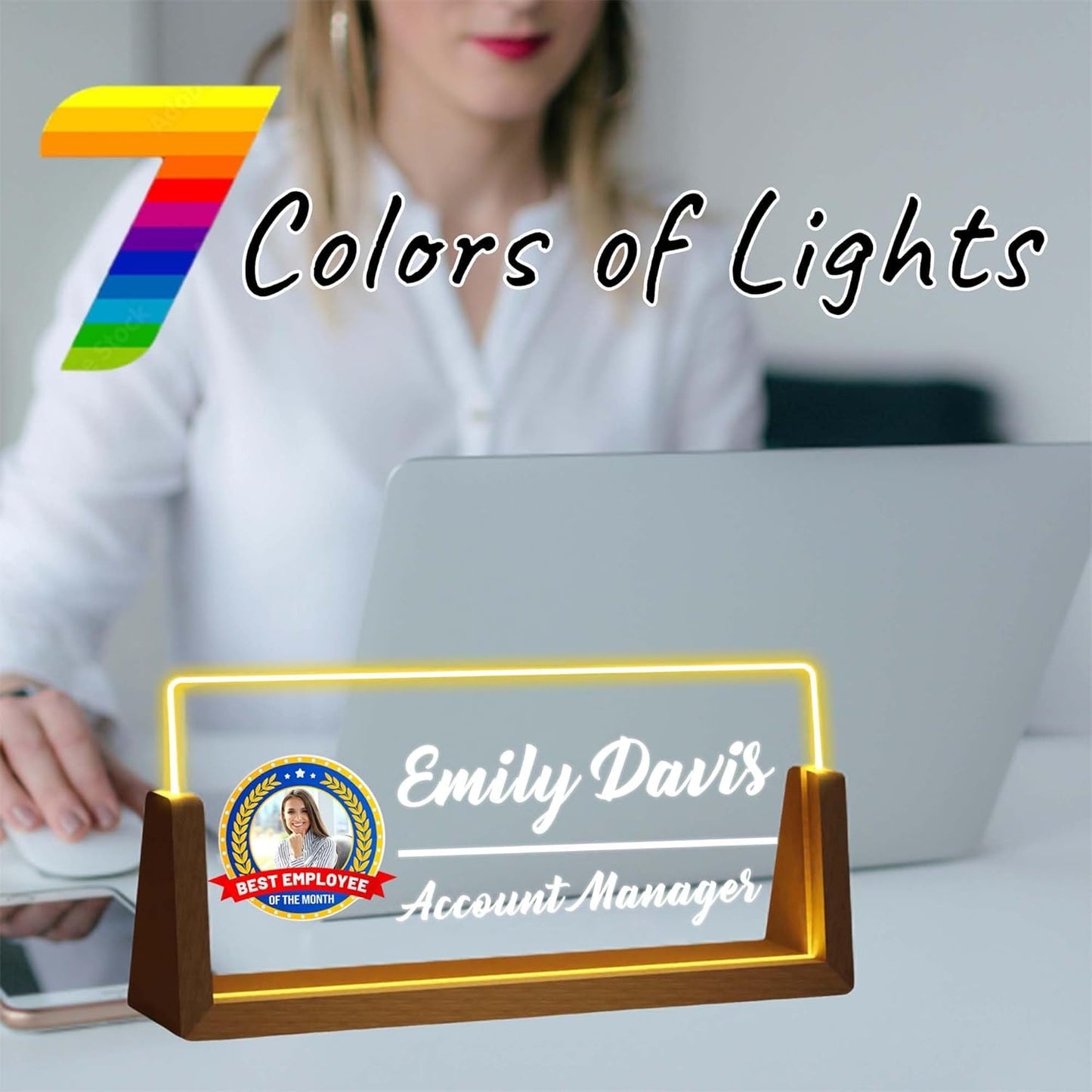 Personalized Desk Name Plate with LED Light & Wooden Base, Custom Acrylic Name Sign | Custom Office Decor & Appreciation Gifts for Boss Coworkers, New Job Promotion Gift (Style 3)