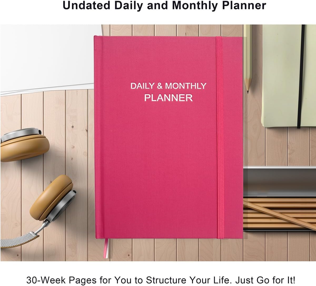Daily & Monthly Planner for 2025 2026 or Anytime - ADHD Planner Two Pages Per Day, Daily Planner Undated to Increase Focus, Eliminate Overwhelm, Achieve Your Biggest Goals, 8.5'' Γ 11'', Pink