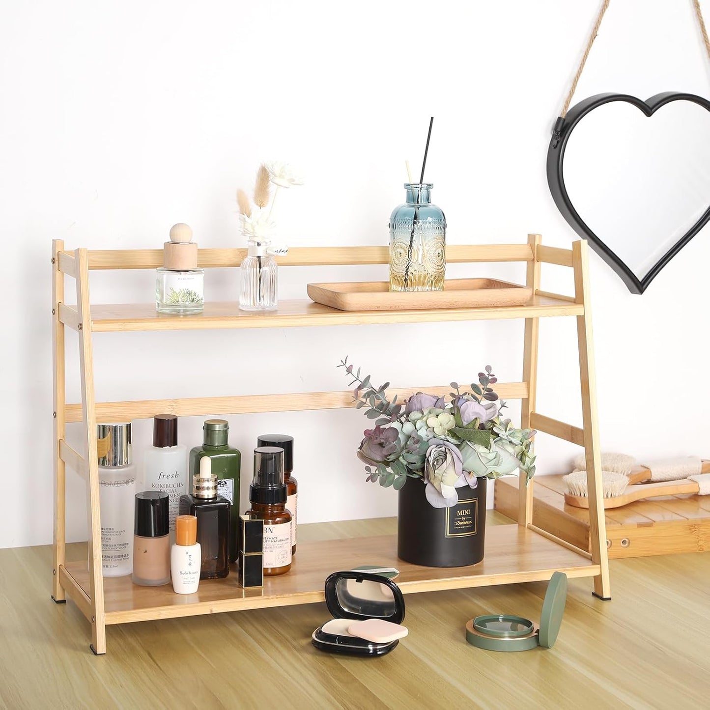 Countertop Organizer Bamboo Spice Rack 2-Tier Desktop Bookshelf Wooden Storage Stand for Kitchen, Office and Dorm, Desk Organizer for Books and Decor (Large)