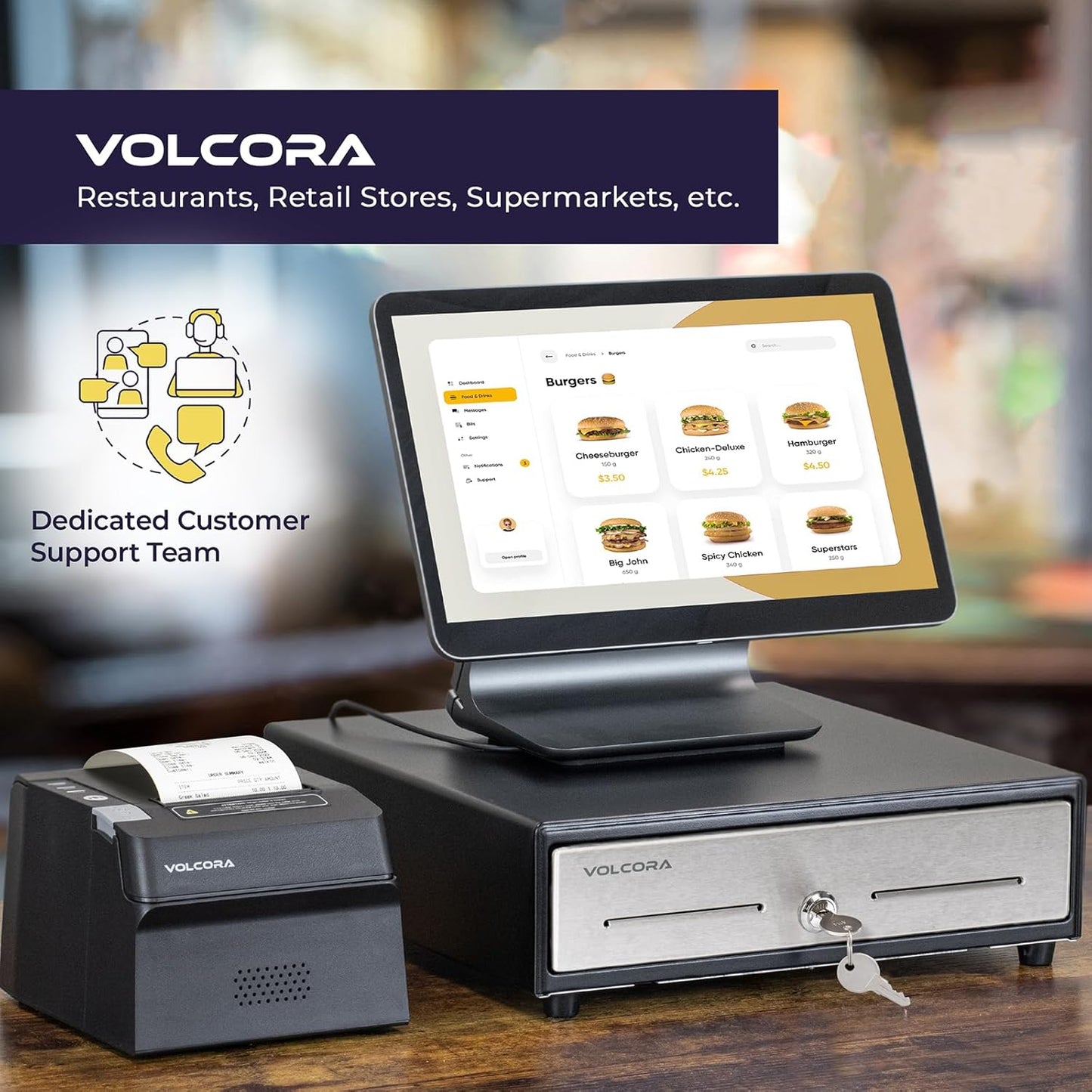 Volcora 13" Cash Register Drawer for Point of Sale (POS) System - Black with Stainless Steel Front - Fully Removable 2 Tier Cash Tray, 4 Bill/5 Coin, 24V, RJ11/RJ12 Key-Lock, Double Media Slot