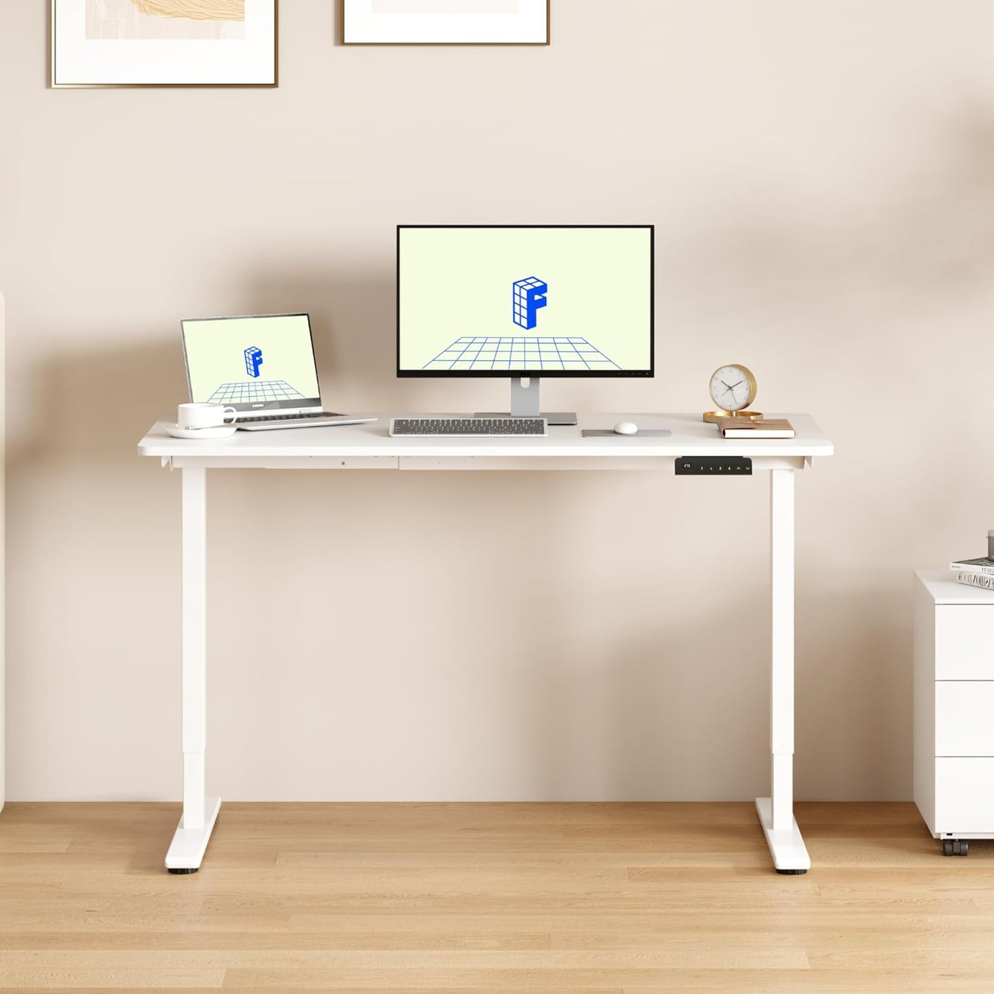 FLEXISPOT E3 Dual Motor Electric Standing Desk 55x28 Inch Whole-Piece Board Height Adjustable Electric Sit Stand Desk (White Frame + White Desktop, 2 Packages)