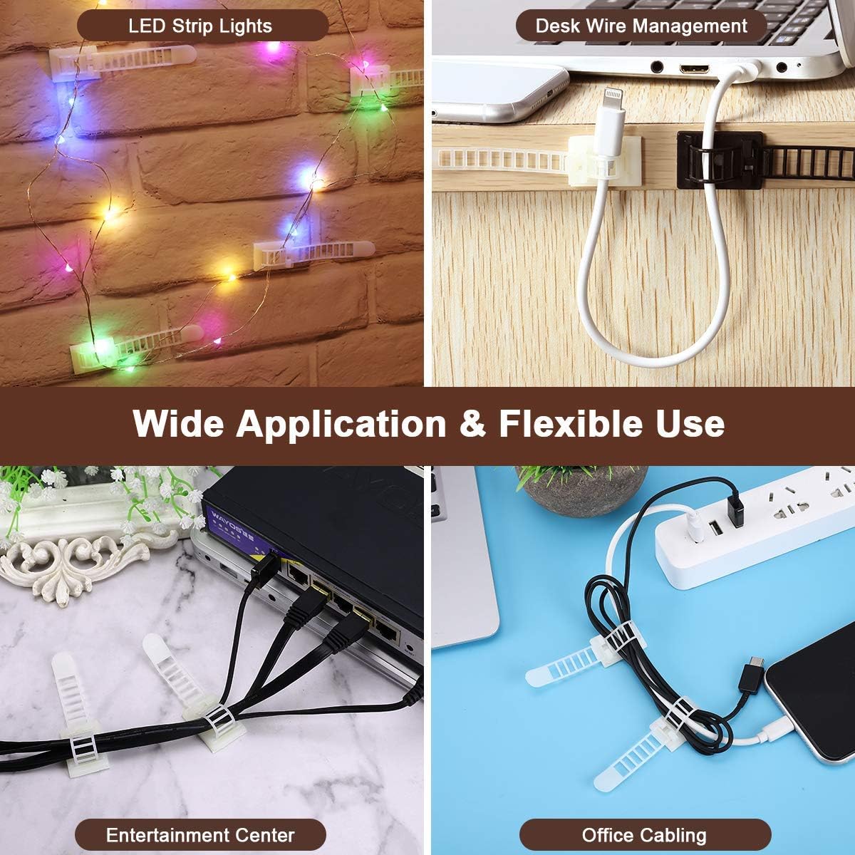 Adhesive Cable Management Clips, 100Pcs Adjustable Nylon Cable Strap Ties Wire Clips Clamps Organizer with Strong Adhesive Tape, Extra Screw & Hole for Strong Fixation Home Office - 3.55 Inch White