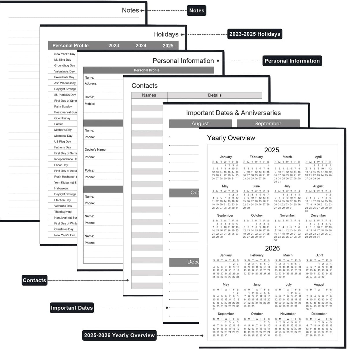 Daily & Monthly Planner for 2025 2026 or Anytime - ADHD Planner Two Pages Per Day, Daily Planner Undated to Increase Focus, Eliminate Overwhelm, Achieve Your Biggest Goals, 5.8'' Γ 8.3'', Black