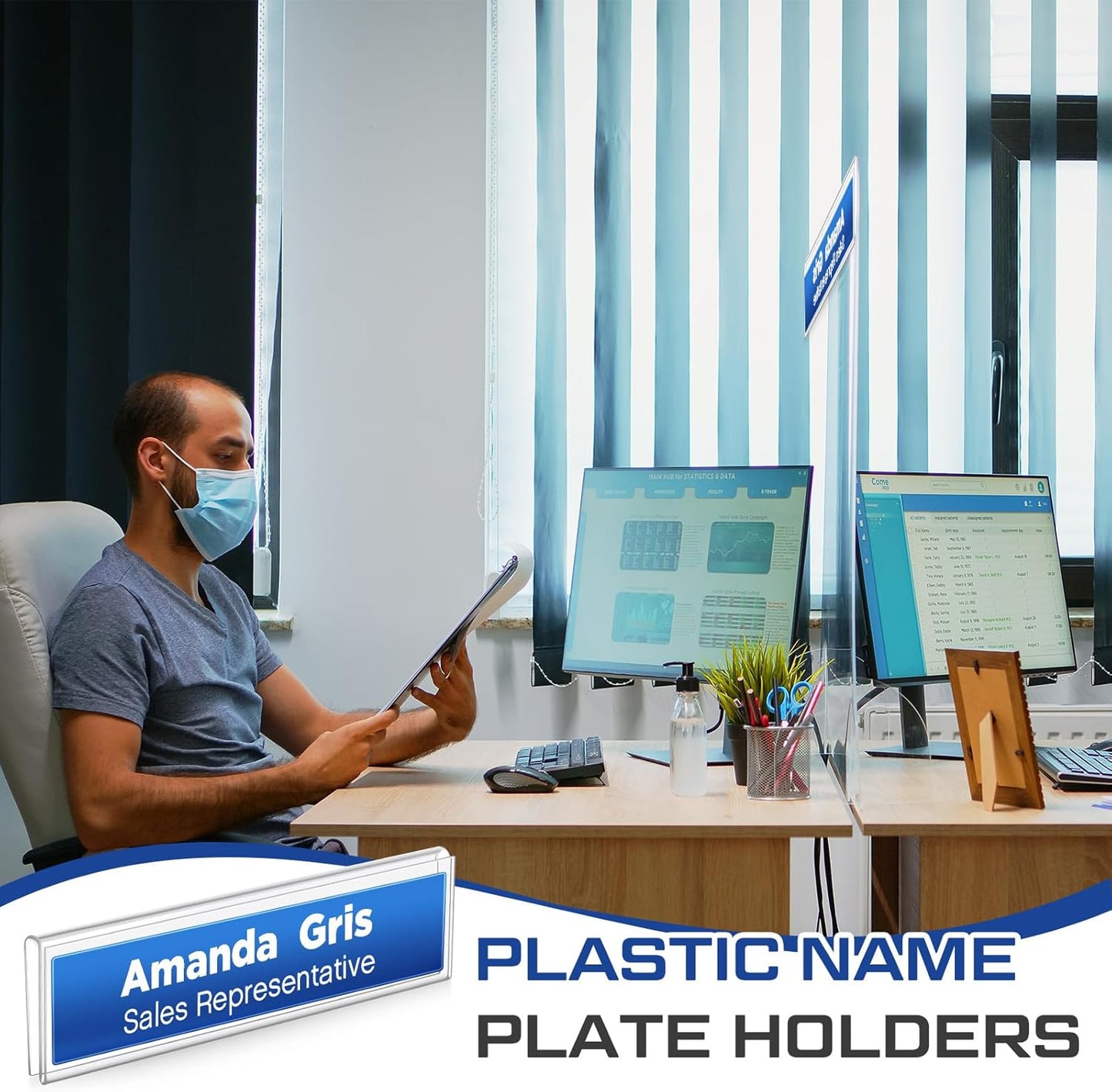 25 Pack Plastic Cubicle Name Plate Holder 8.5" Wide x 2" High Glass Wall Name Plate Holder Clear Acrylic Sign Display Stand for Home Office Business (Suitable for 1/4" Cubicle Wall)