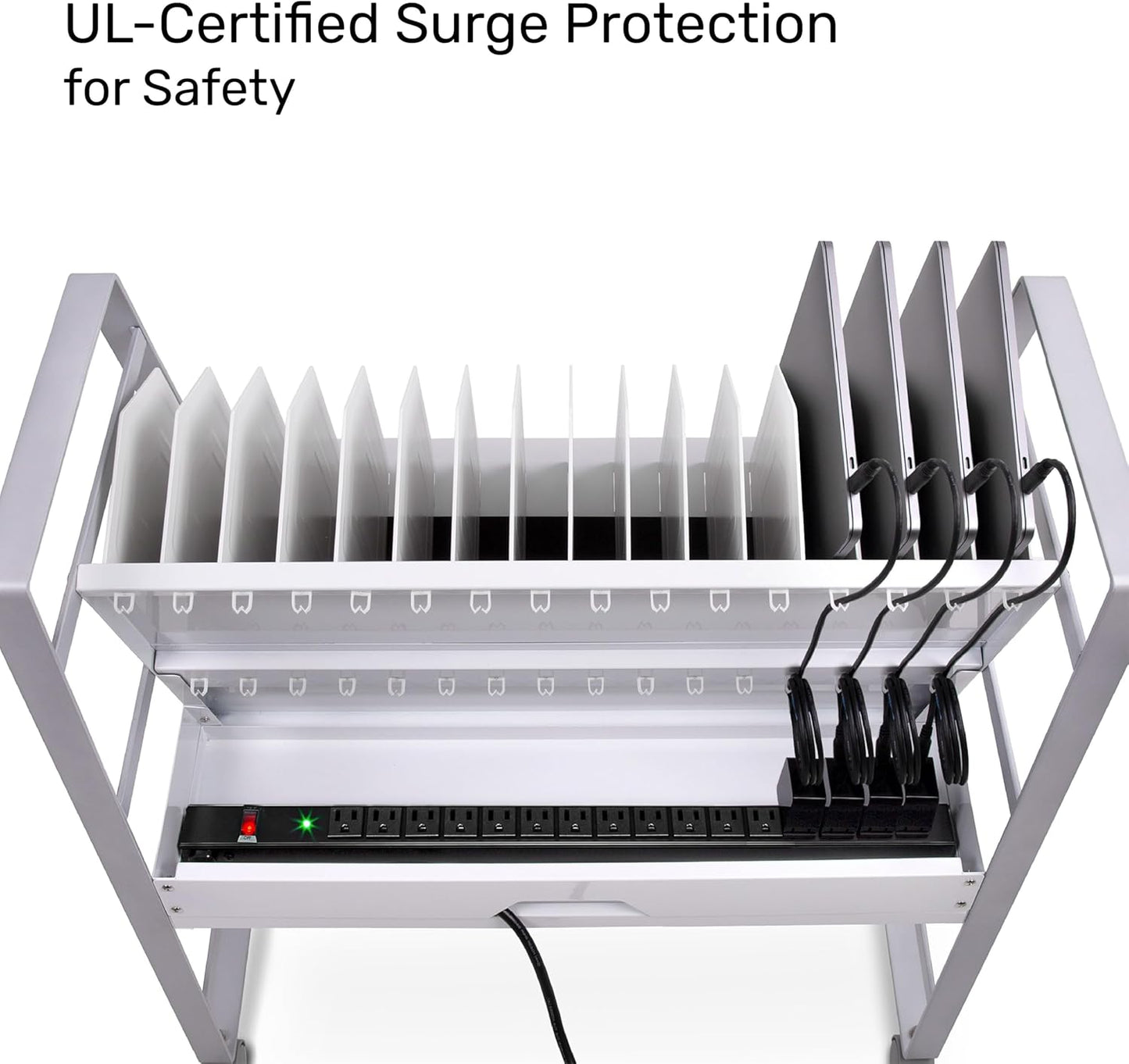 Line Leader 16-Device Mobile Charging Station | Steel Rolling Cart for Laptops, Tablets, & Chromebooks | Open Design with Dividers & UL-Certified Surge Protection | Portable Charging Stand (White)