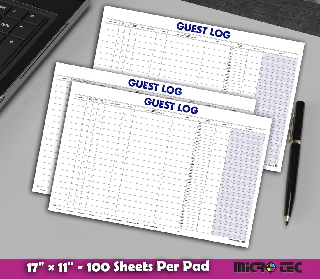 Professional Guest Log Book - Efficiently Track Potential Customers and Follow-Up - Ideal for Automotive Dealerships, Repair Shops, and Service Centers - 17" Γ 11" - 100 Sheets Per Pad - Pack of 3