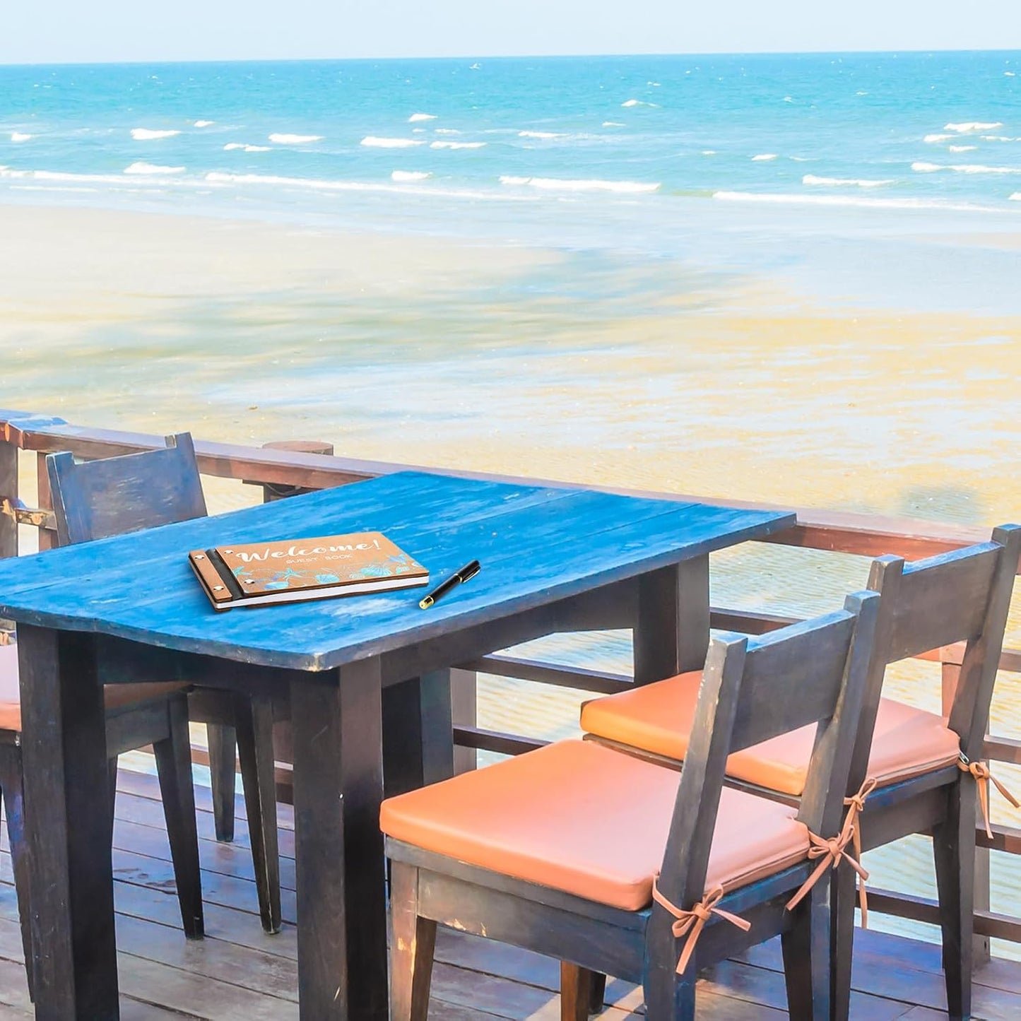 Welcome Guest Book Wood Cover Summer Beach Guest Book Vacation Home Scrapbook with Pen 8 x 6 Inches Visitor Log Book with 120 Pages for Vacation Home Host Ocean Beach Nautical Journal