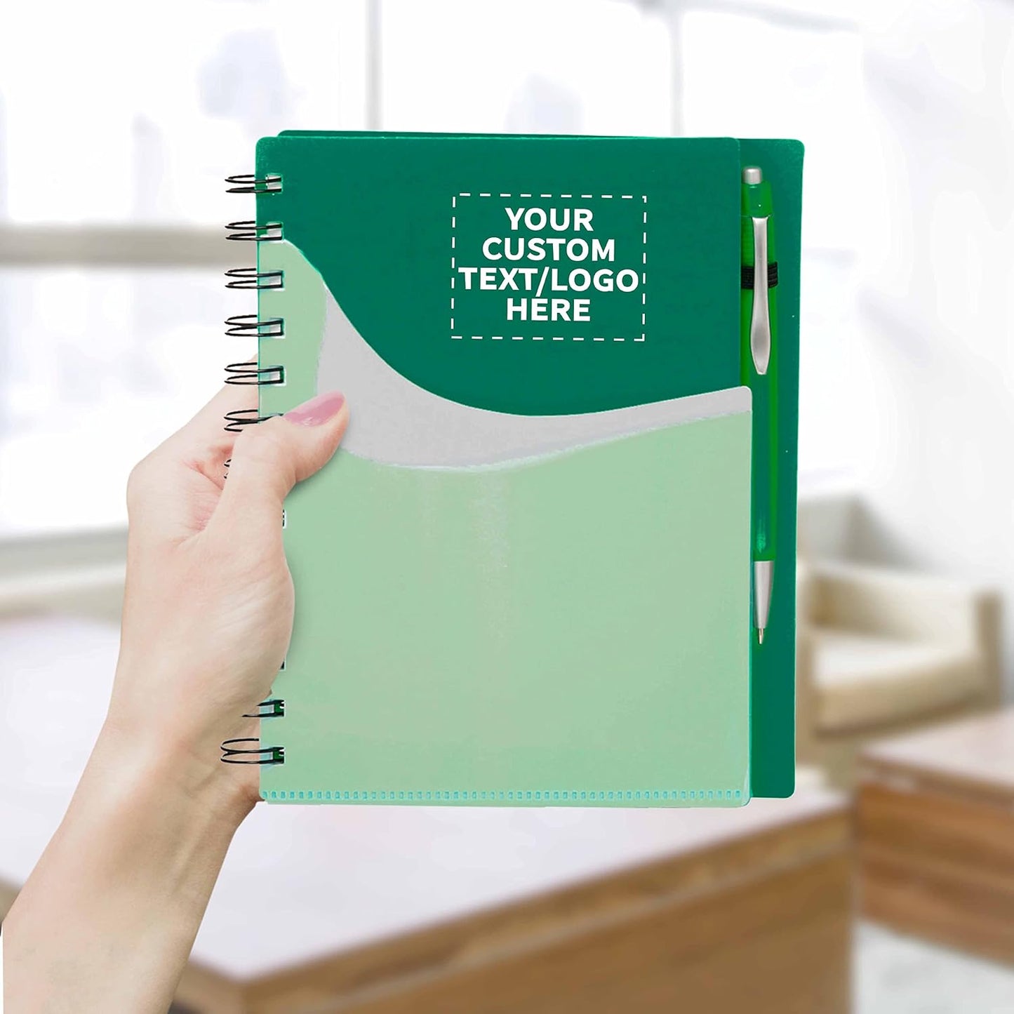 DISCOUNT PROMOS Custom Spiral Notebooks with Front Pocket Set of 100, Personalized Bulk Pack - Durable Plastic Cover, Includes Matching Pen in Blank Ink, Perfect for School, Office, Home - Green