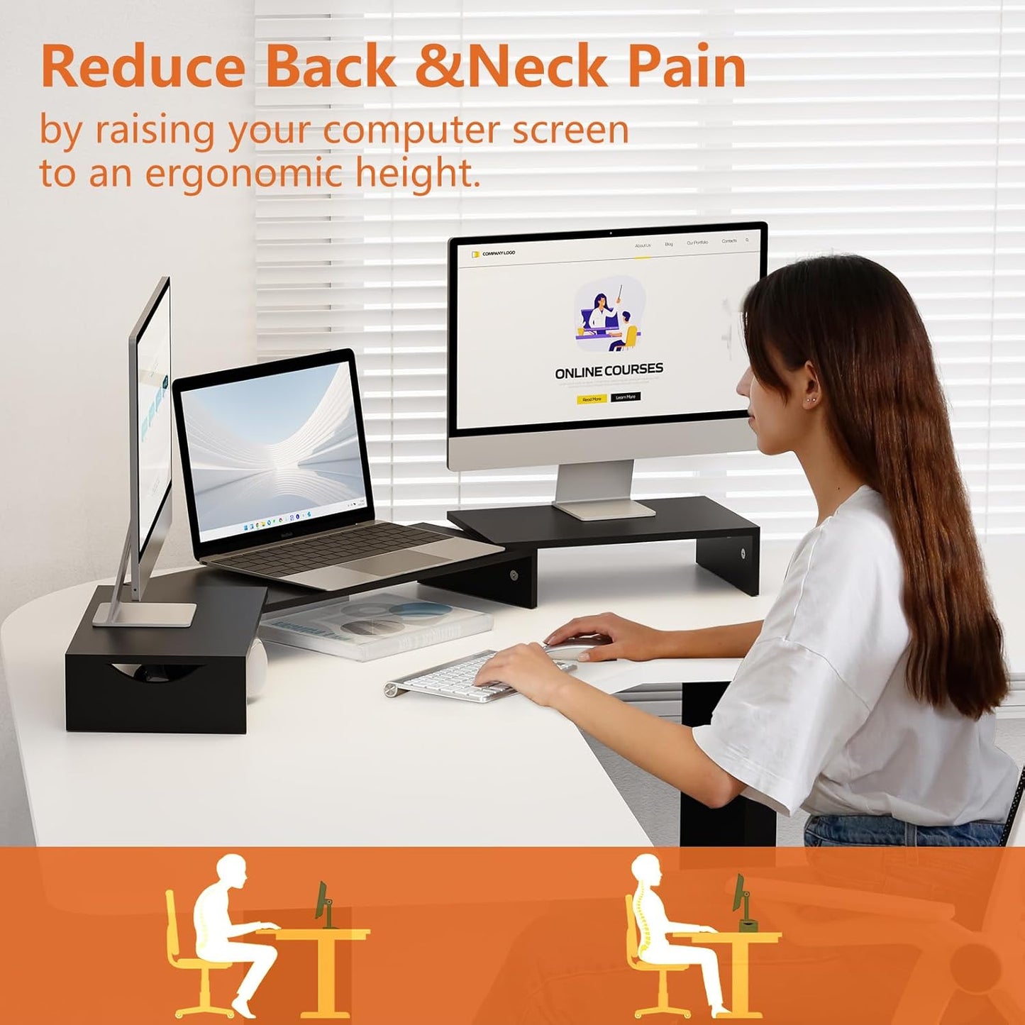 Triple Monitor Stand Riser, Extra Long Monitor Riser for 1~2~3 Monitors, Dual Monitor Stand with Length and Angle Adjustable, 3 Shelf Monitor Stand for Desk