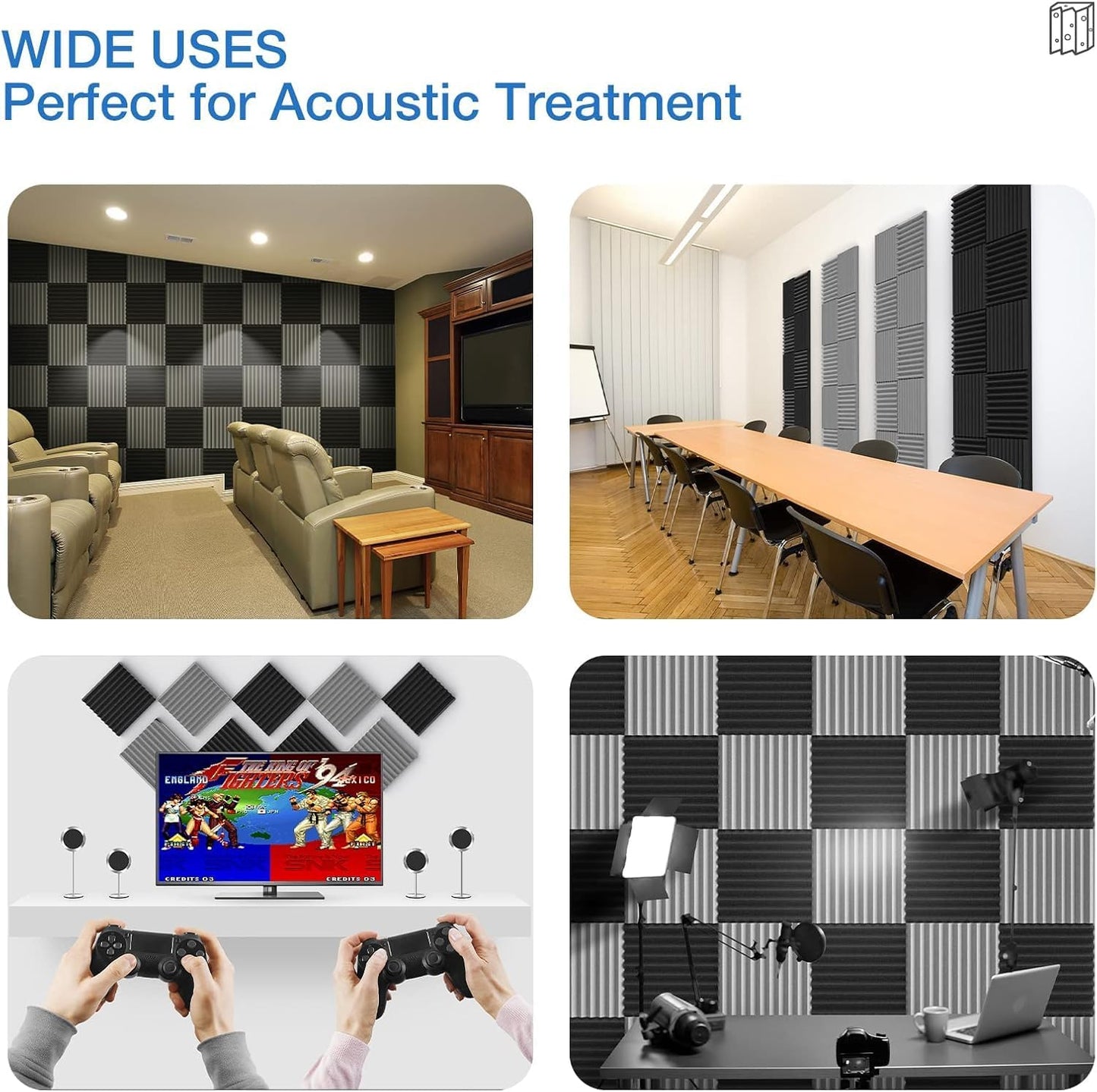 12 Pack Self-Adhesive Acoustic Panels - 1”X 12”X 12”Wall Panels - Quick-Recovery and High Density Sound Panels - Sound proof Acoustic Foam for Home Studio - Gray