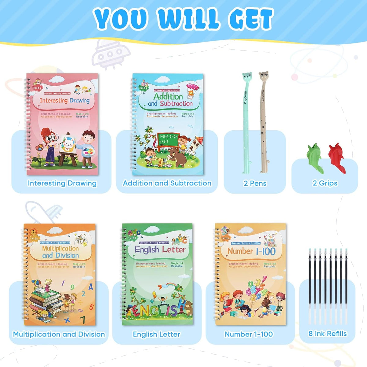 Magic Ink Copybooks for Kids Reusable Handwriting Workbooks for Preschools Grooves Template Design and Handwriting Aid (6)