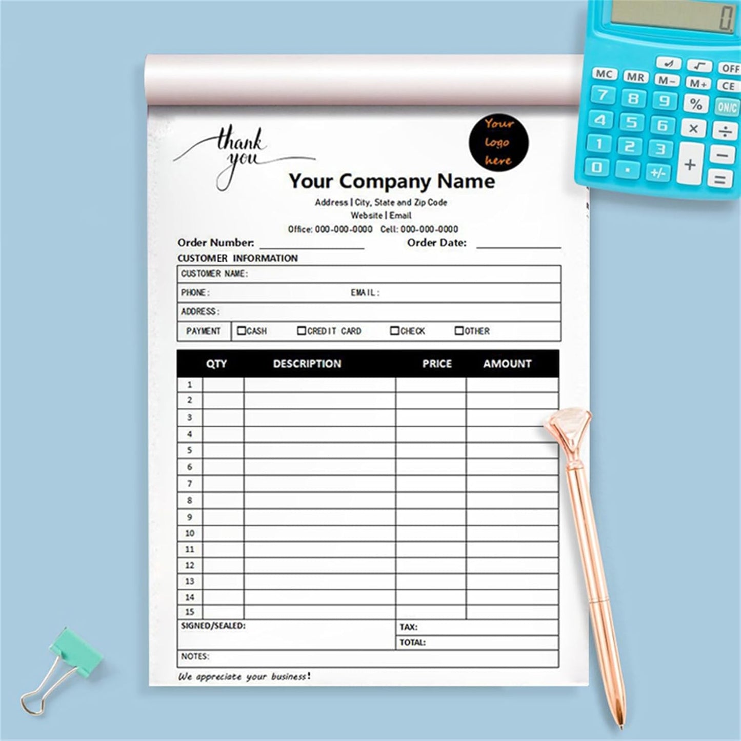 Custom Invoice Book in 3-Part /2-Part Receipt Book with Carbon Copies Personalized Carbonless Service Invoice Form Books Sales Order Book with Company Name Logo Address,C2-Thank You Receipt