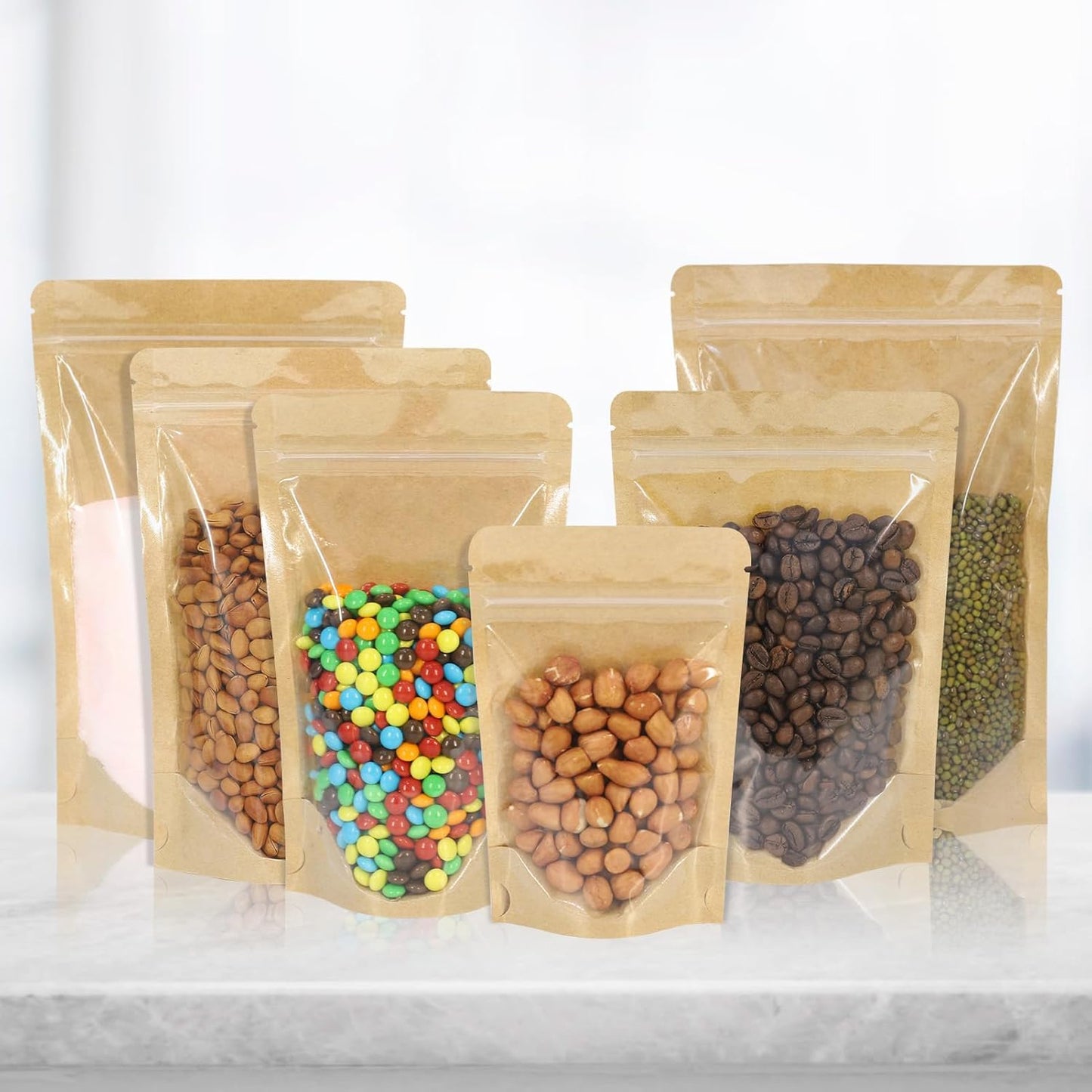 100 PCS Resealable Bags, Stand Up Kraft Bags with Window Clear Front Pouches, Zipper Lock Food Storage Bags 7.08×10.23 Inch Reusable Sealable Bags for Packaging