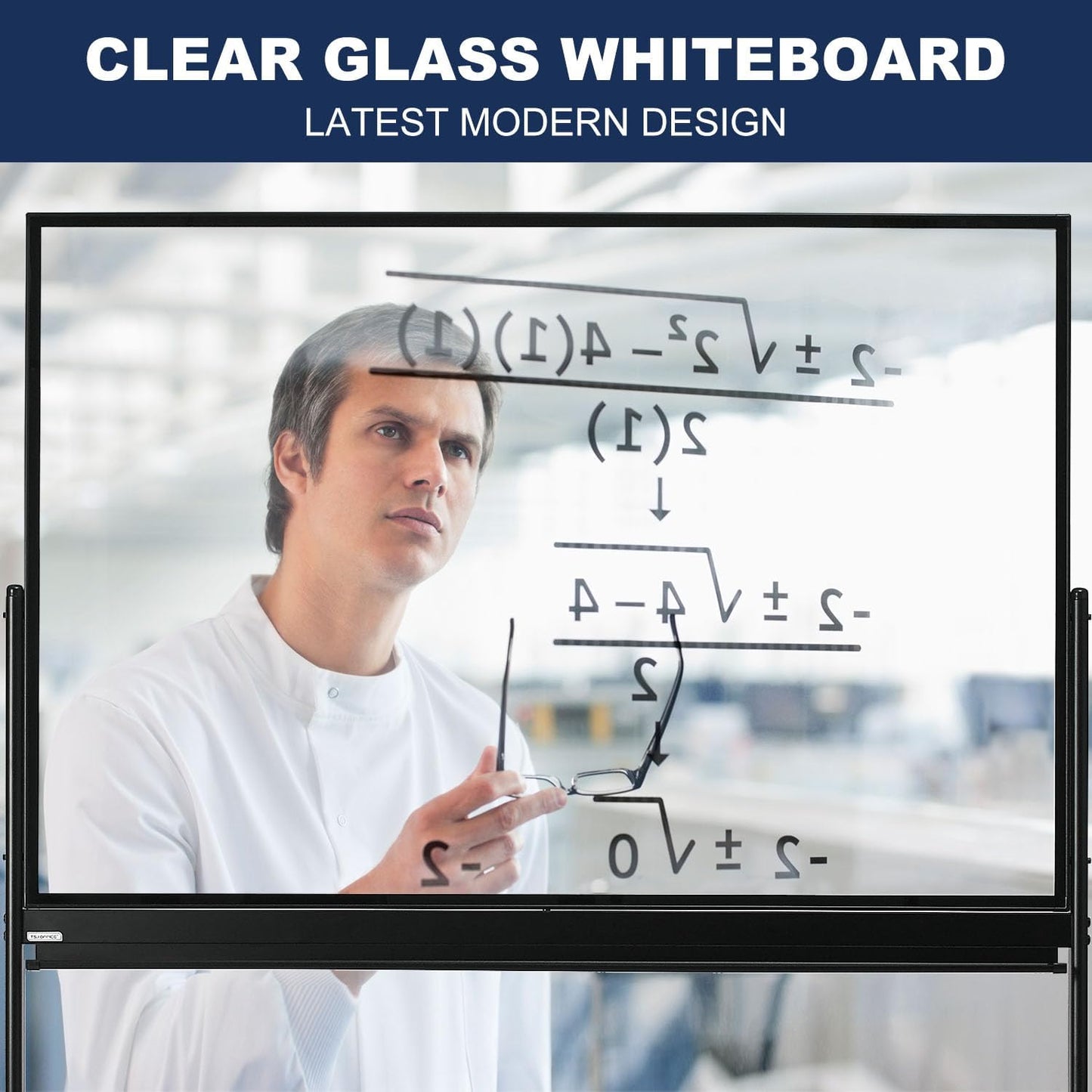 TSJ-OFFICE Rolling Clear-Glass Whiteboard on Wheels - 48" x 32" Mobile Dry Erase Board with Stand, Large Rolling White Board with 25 Sheets Paper Pad, Transparent Tempered Glass Board for Home Office
