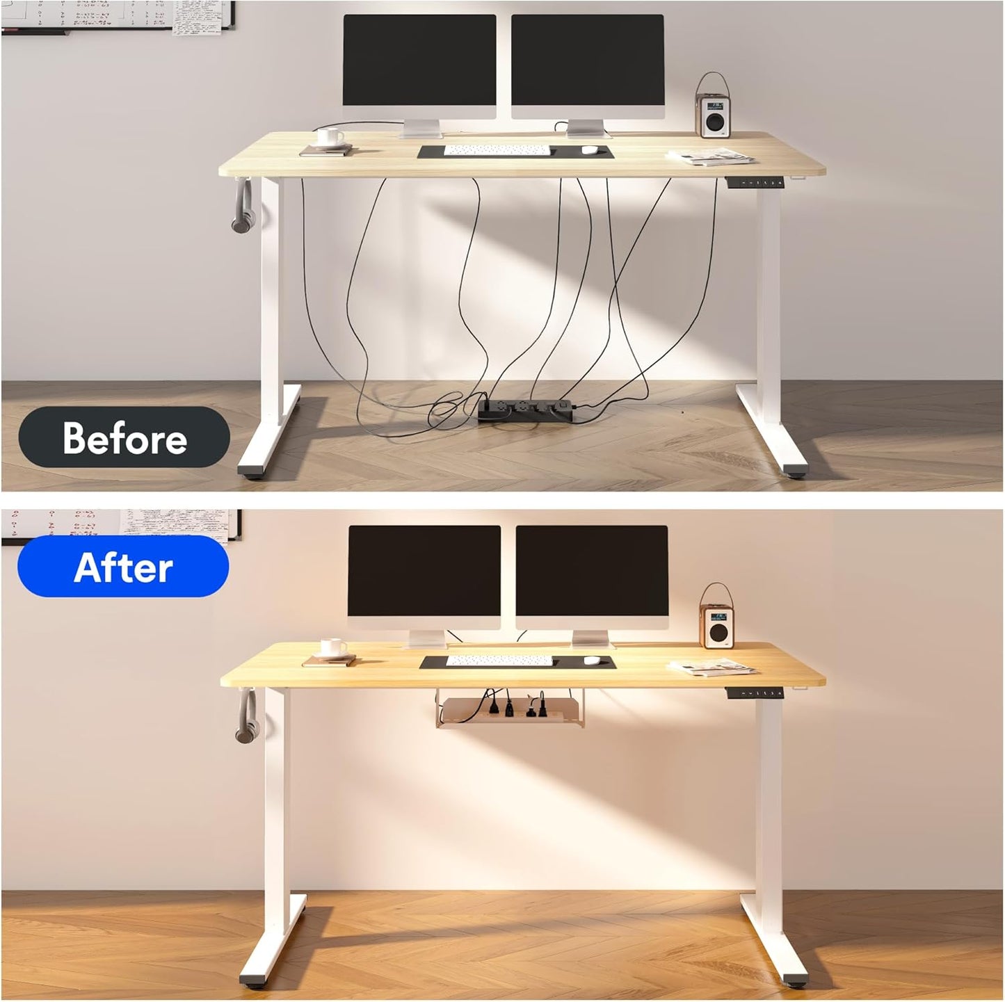 FLEXISPOT EN2Whole-Piece Standing Desk with Clamp Power Strip, 60 x 24 Electric Stand Up Height Adjustable Desk with Cable Management (Black Frame +60" Maple Top, 2 Packages)