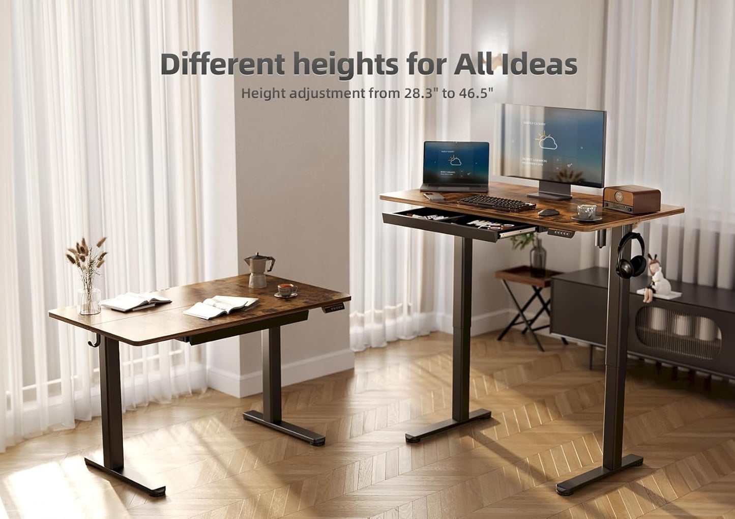 YDN Standing Desk with Drawers, Electric Adjustable Height 48 x 24 Inch Stand Up Desks for Home Office, Rustic Brown