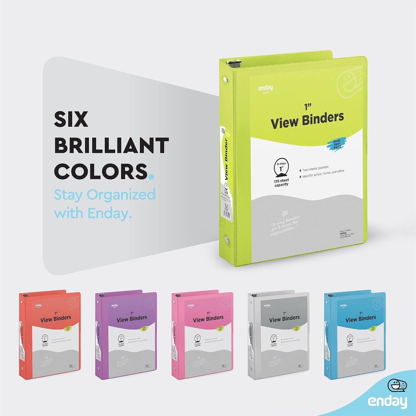 3 Ring Binder Green, 1 Inch, 1” Clear View Cover with 2 Inside Pockets Round Ring Binder, Colored School Supplies Binders, Also Available in Pink, Blue, Purple, Grey, and Red (6 PC) – by Enday