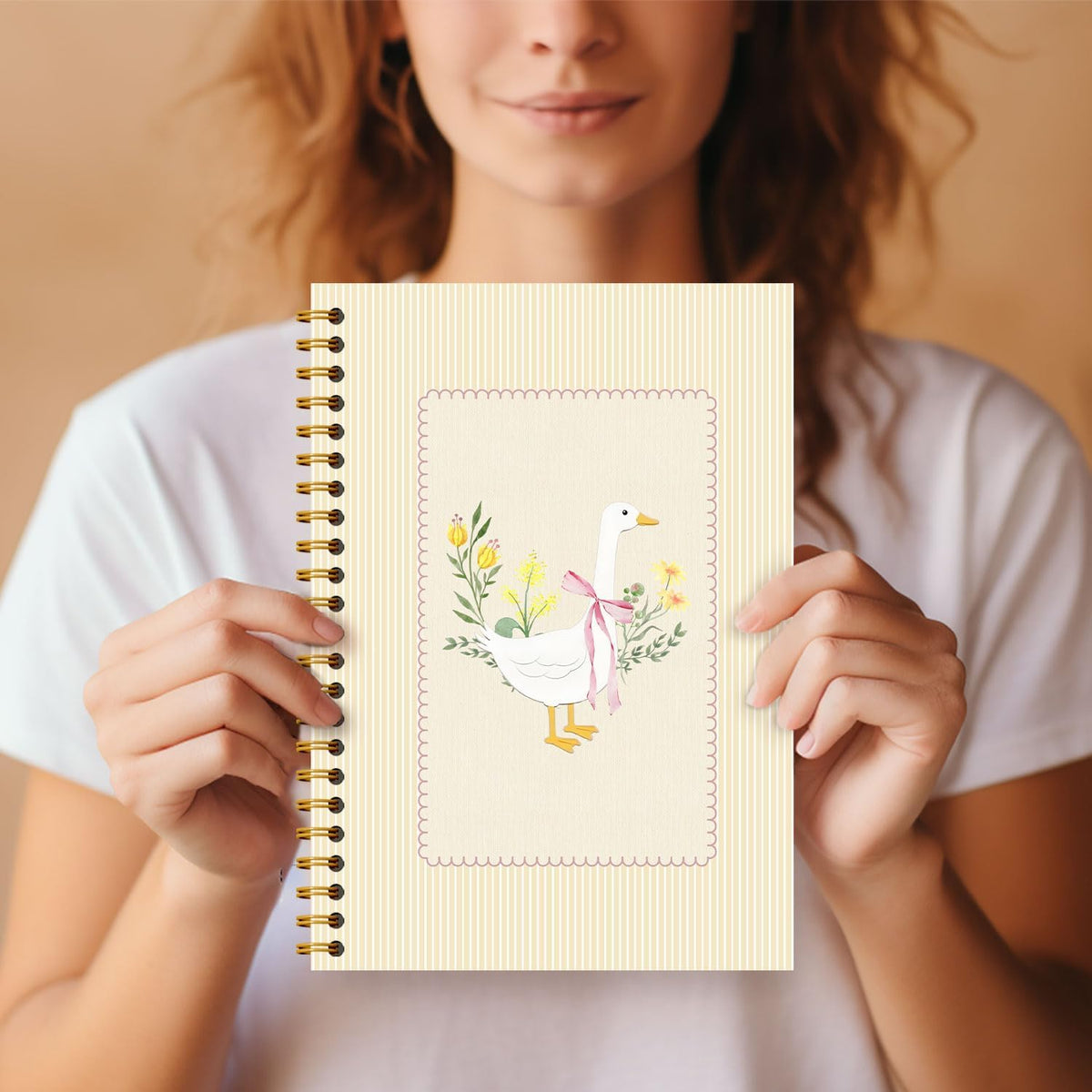 Guymn Coquette Pink Bow Floral Goose Notebook, Butter Yellow Cute Goose Journal for Kids Girls, Geese Animal Lover Gifts Hardcover Spiral Notebooks Journals 5.5x8.3 Inch
