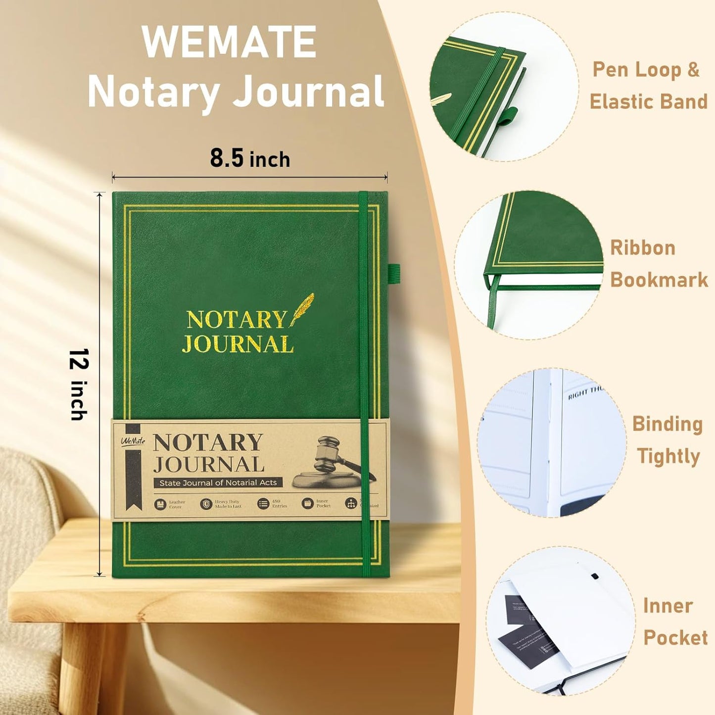WEMATE Notary Journal Log Book with 480 Record Entries, 12″x8.5″ Hardcover Notary Book - 120gsm Thick Paper, Notary Supplies with 160 Numbered Pages, Large Capacity for Notarial Records (Green)