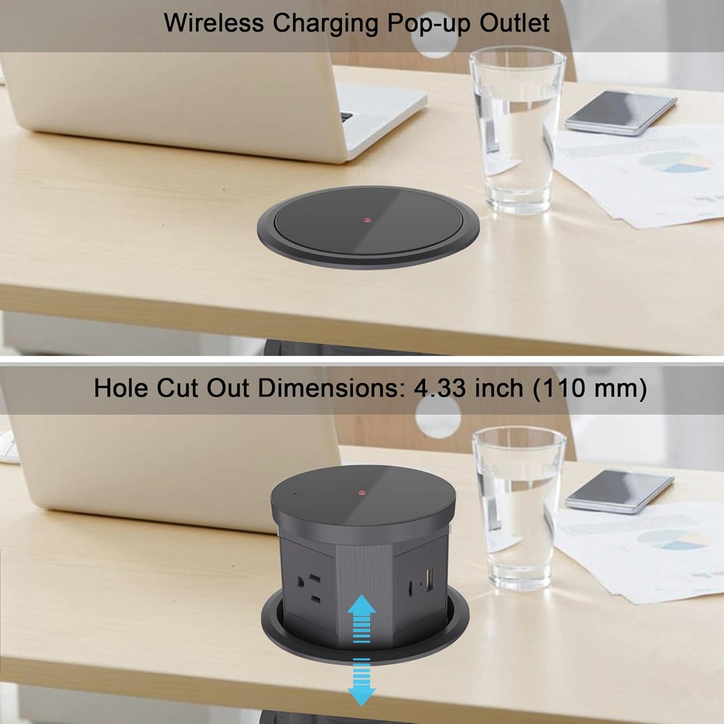 Pop Up Outlet for Countertop - 4.33-inch Automatic Pop Up Hidden Outlet - Round Electrical Outlet with 15W Wireless Charger, 1 USB-A, 1 USB-C & 3AC Plug - 5 FT Cord for Home, Office, Kitchen (Grey)