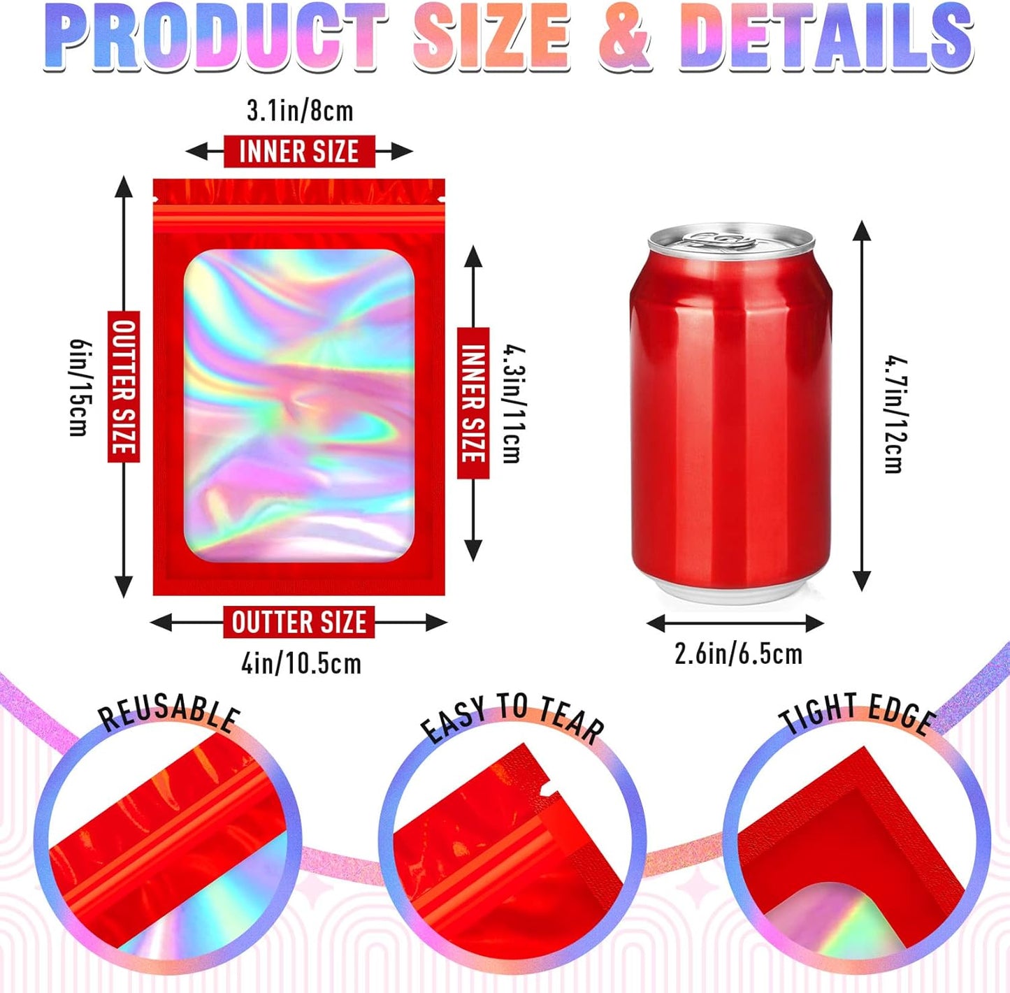 Smell Proof Bag, 100 PCS Holographic Bags, Packaging Bags, Resealable Bag (4x6 Inch)