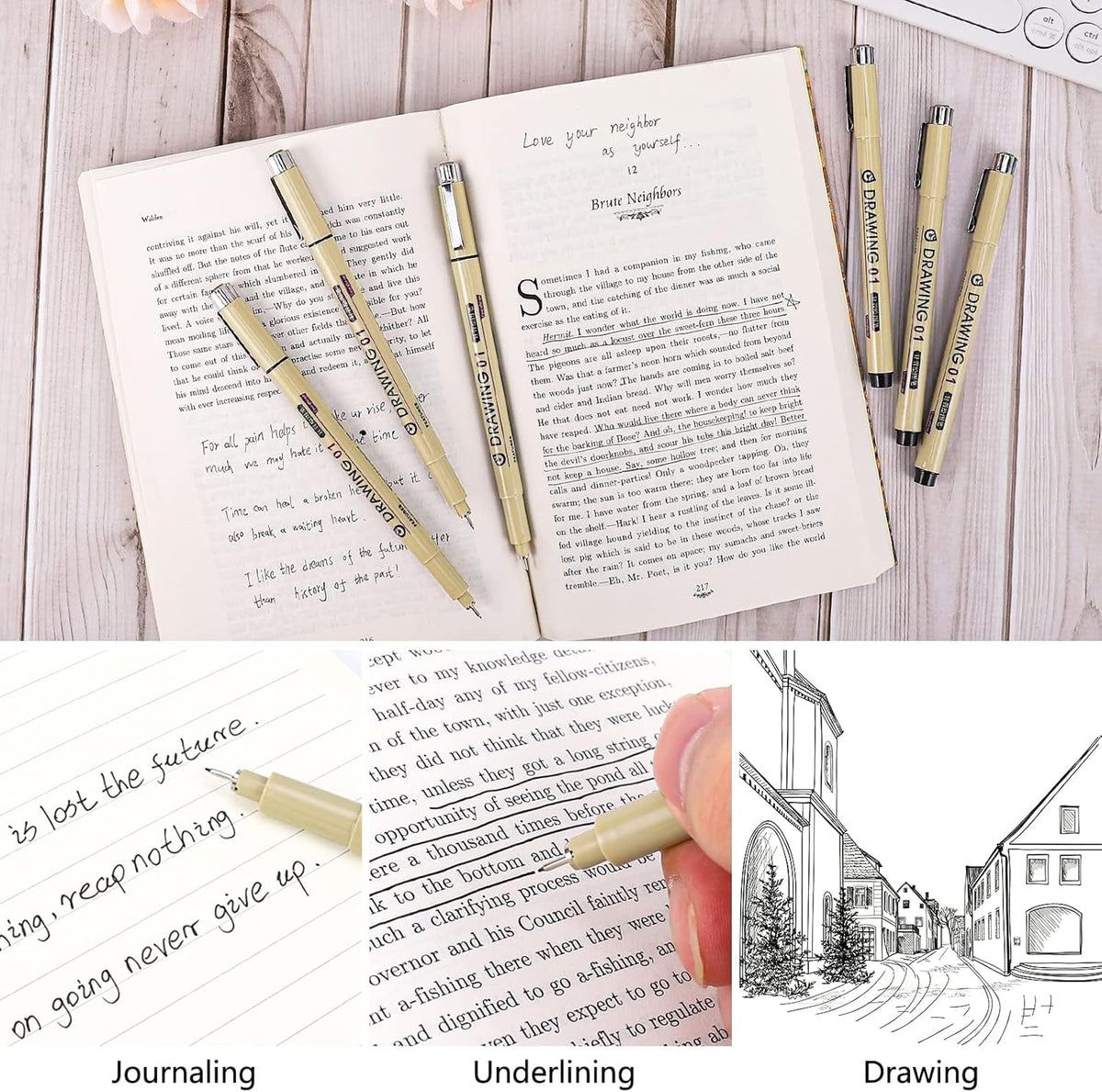 Muchcute 05 Fine Point Writing Pens: 6 Black 0.45mm Thin Micron Pen 05 No Bleed Bible Journaling Study Supplies Annotation Smooth Waterproof Micro Line Needle Tip Fineliner Gel Felt Ink Markers Stuff