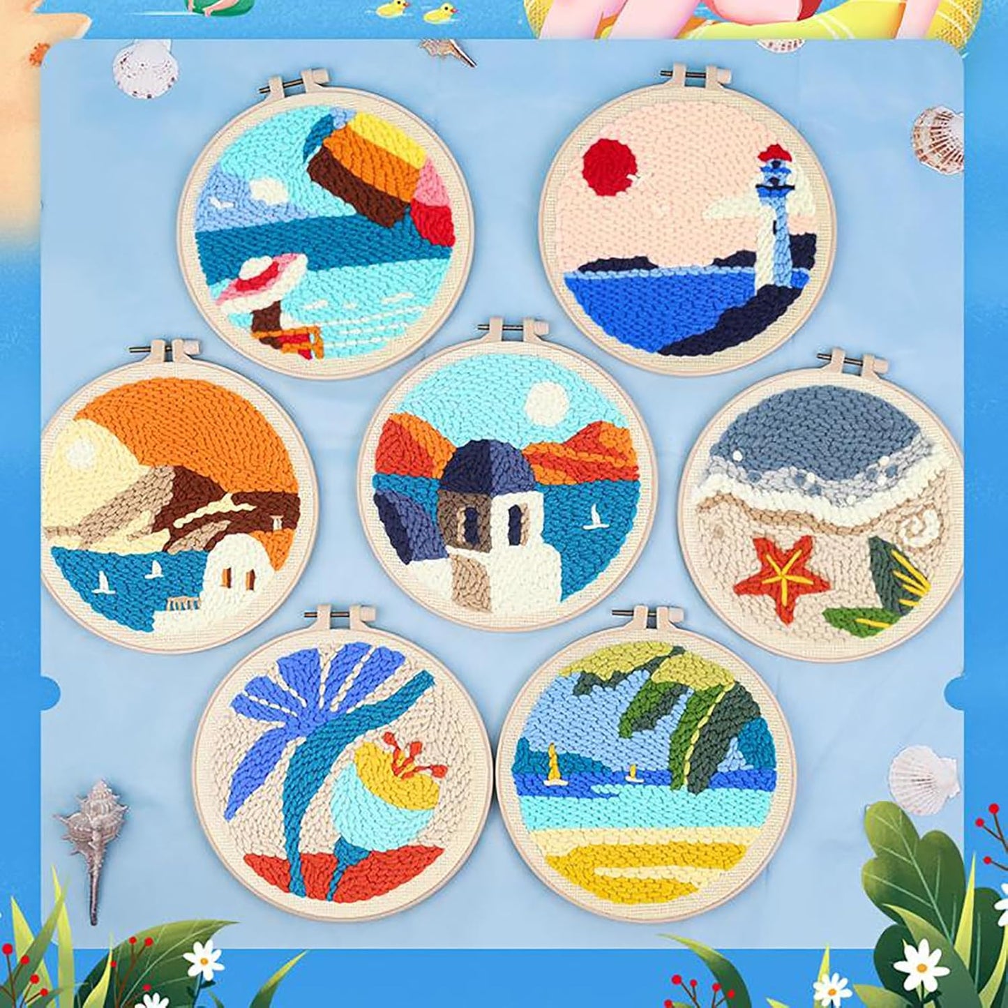 ILYUFO Punch Needle Kits Adults Beginner DIY Dreamy Beach Style 8 in Hoop Embroidery Set Starter Punch Needle Tool for Art Crafts, Ideal for All Ages, Perfect Festival Decoration & Gift (Swim)