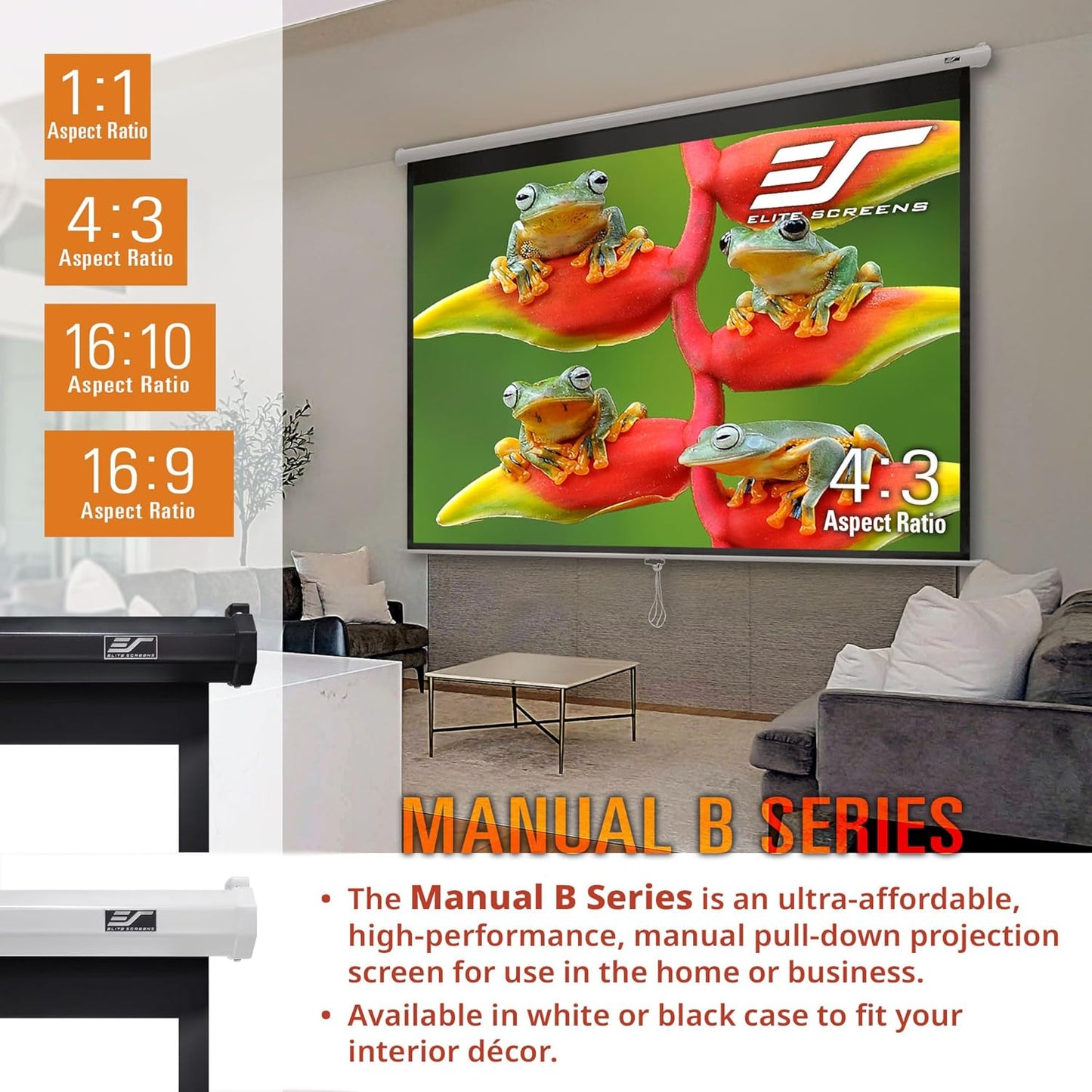 Elite Screens Manual B Series, 100-inch Diagonal 4:3, Pull Down Projection Manual Projector Screen with Auto Lock, M100V
