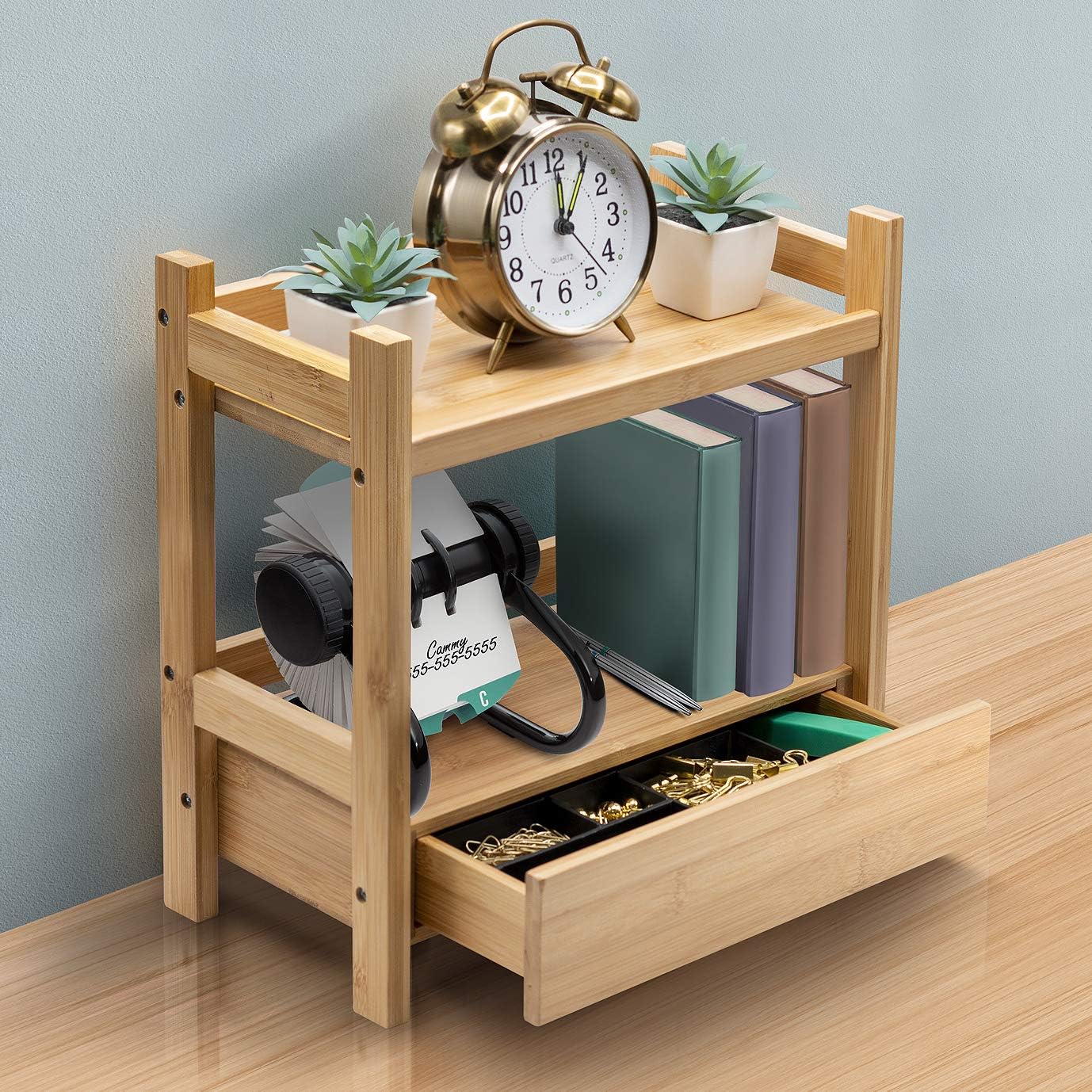 Sorbus Bamboo Bathroom Counter Organizer – 2-Tier Shelf with Hidden Drawer for Vanity, Matcha Station, Bathroom Sink Organizer Countertop, Kitchen & Office Storage (13″ L x 6.5″ W x 12.6″ H)