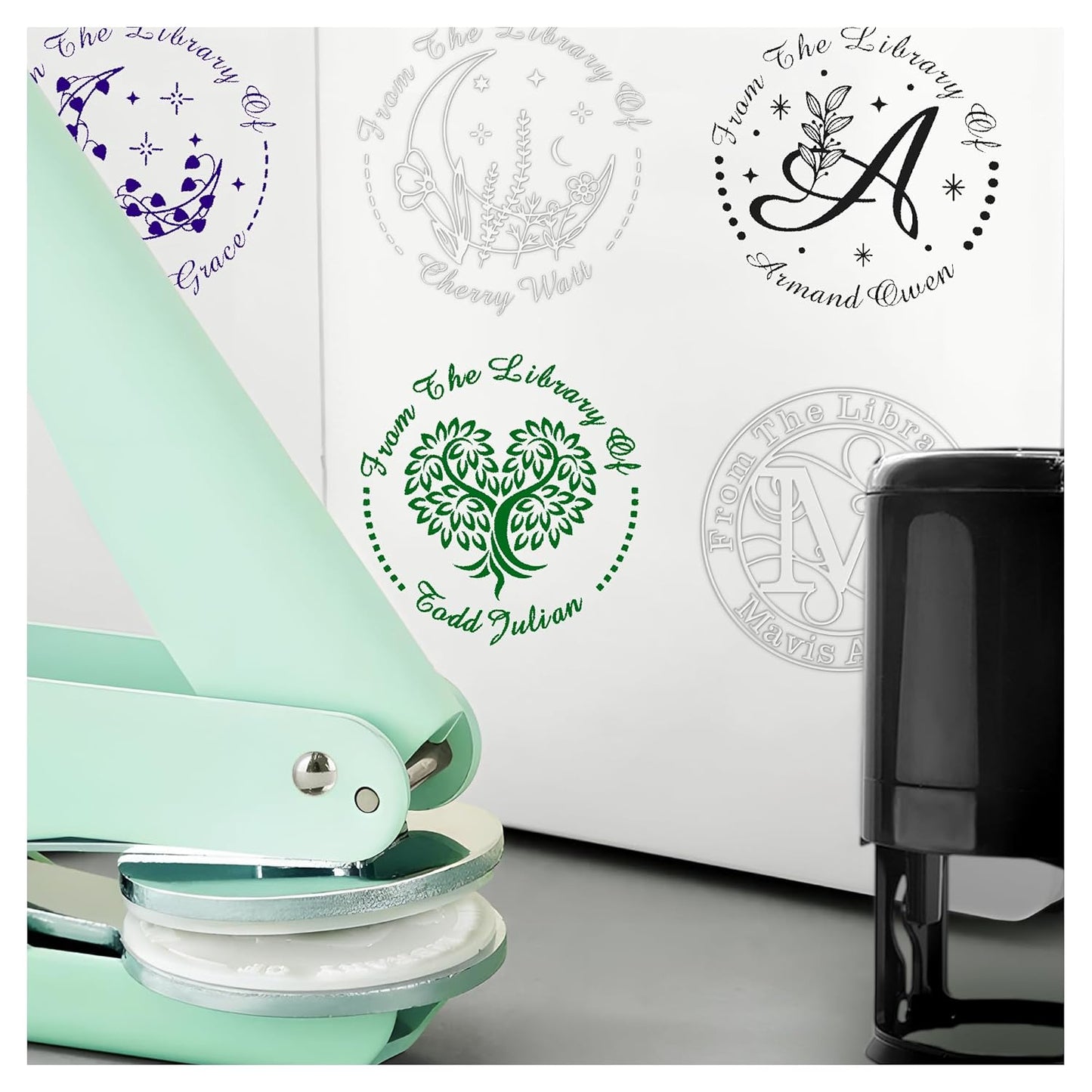Customized Book Embosser Color Moon Plants Stamp with Your Name or Design Flower Personalized Library Embosser Stamp Custom Books Business Cards Paper Documents Notebooks etc. (Moon-01)