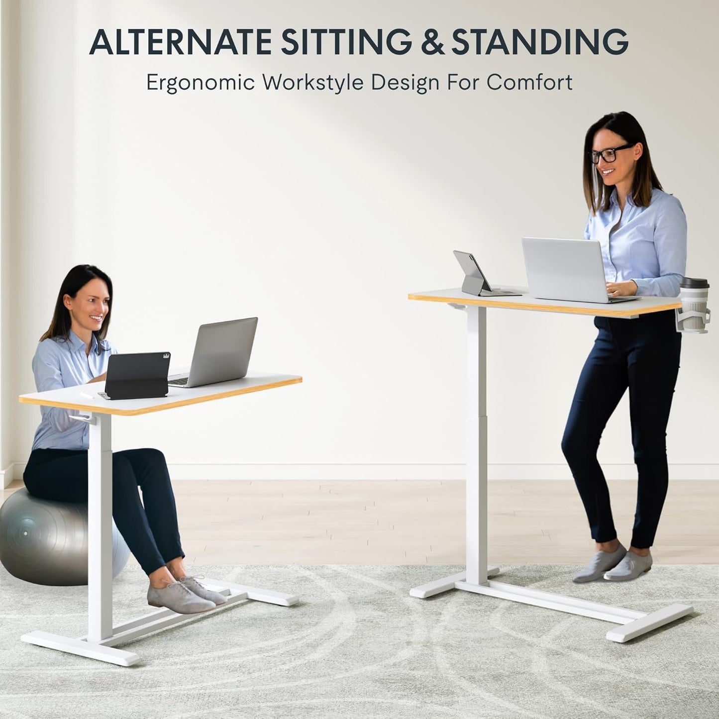 FLEXISPOT Mobile Standing Desk with Wheels Pneumatic Laptop Rolling Computer Cart Movable Height Adjustable Small Sit Stand Desk Computer Workstations Home Use(31.5" W x 17.7" D,White+Maple