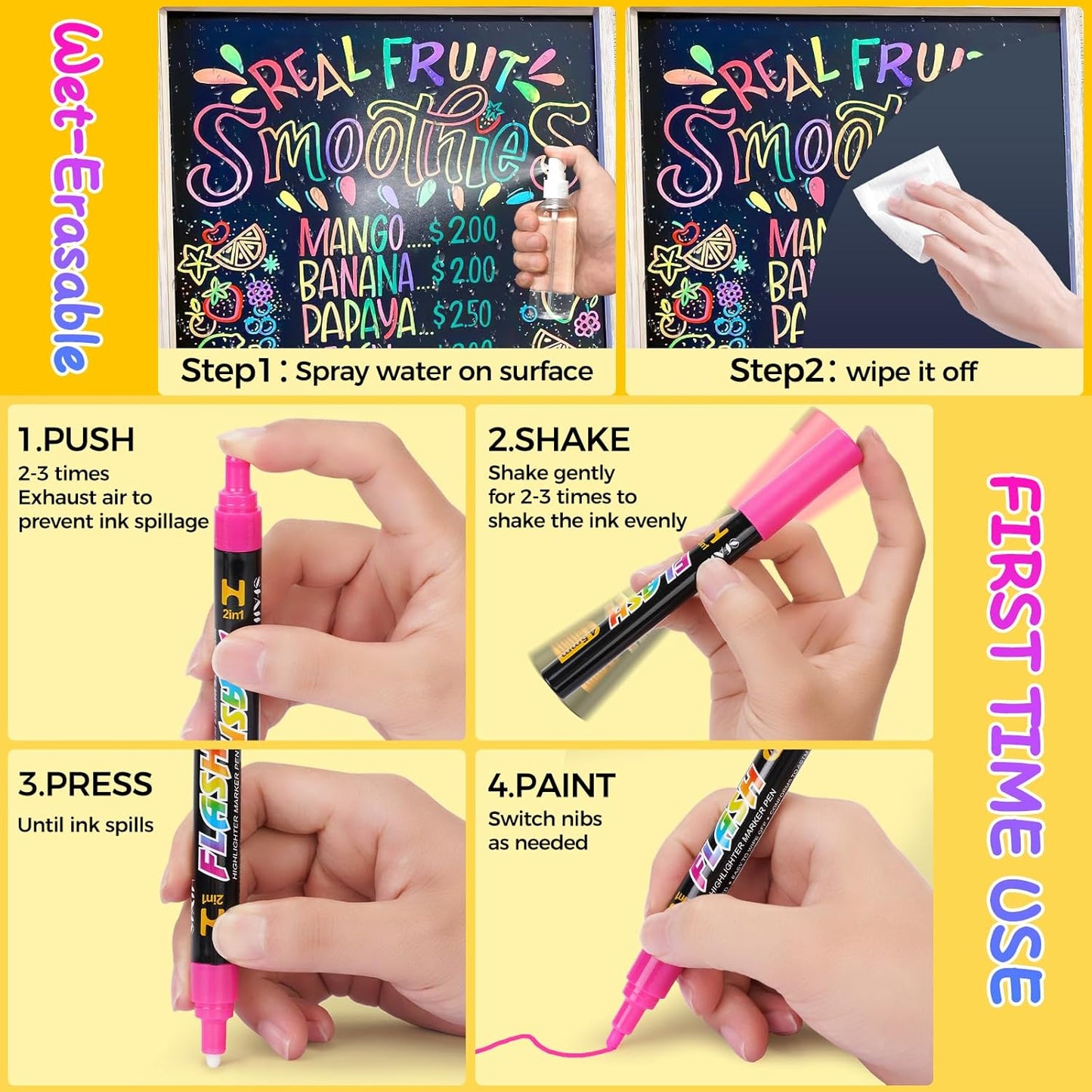 SFAIH 8 Vibrant Liquid Chalk Markers Erasable - Chalk Pens for Blackboard, Calendar, Windows, Glass, Bistro, Stores, Signs, Zero Dust, Non-Toxic, 4.5mm Reversible Tip, With Highlighter Color Markers