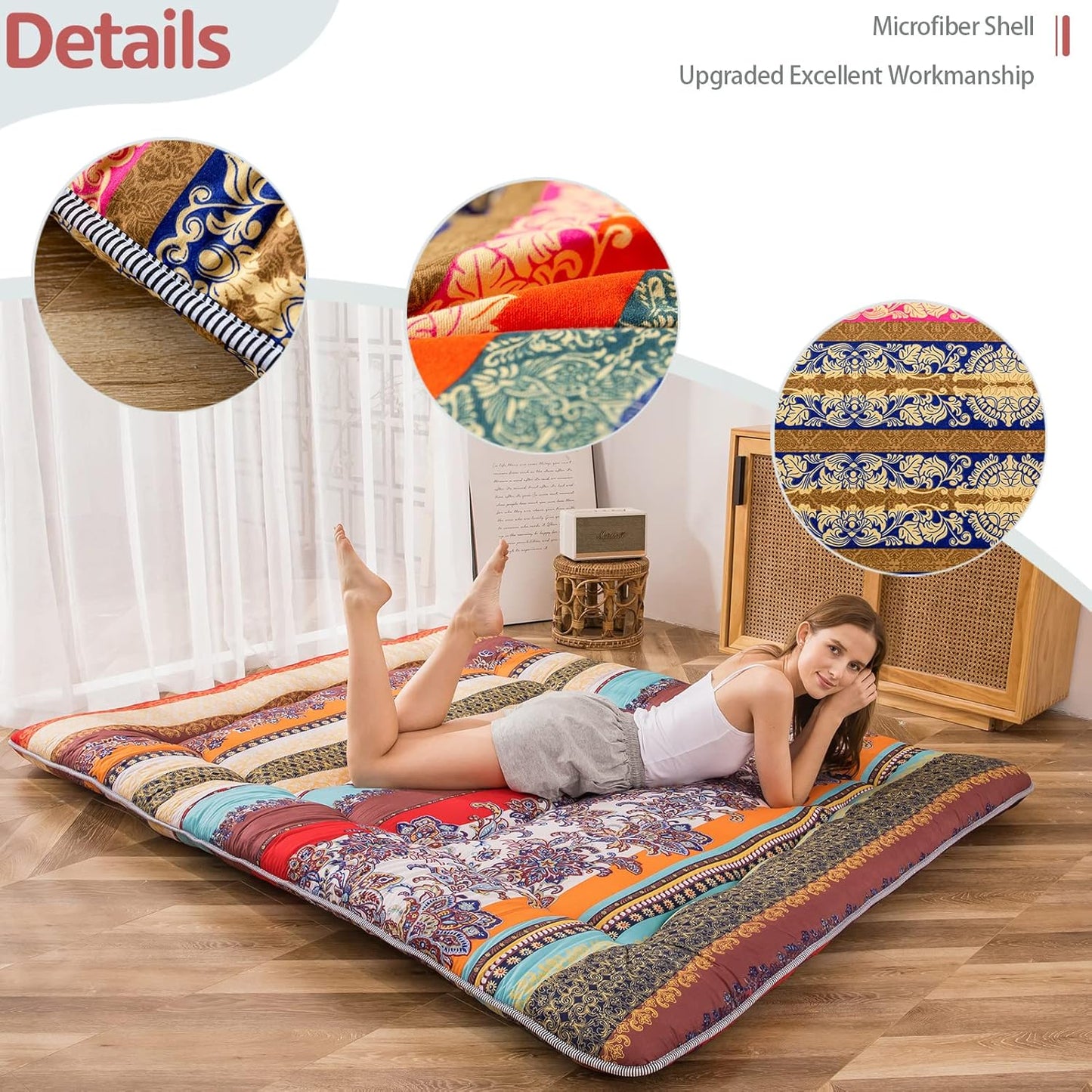 Bohemian Retro Floor Mattress Vintage Floral Japanese Futon Mattress Roll Up Thicken Sleeping Bed Portable Camping Mattress Floor Lounger Couch Bed Pad, Twin Size