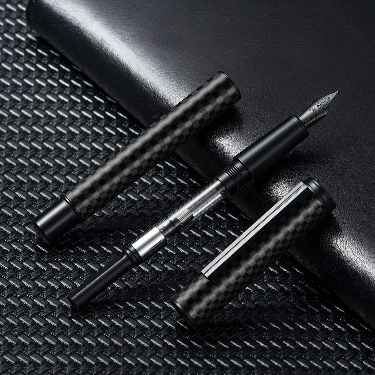 Hongdian Black Carbon Fiber Fountain Pen Extra Fine Nib Elegant Design Smooth Writer with Refillable Converter and Metal Pen Case Set