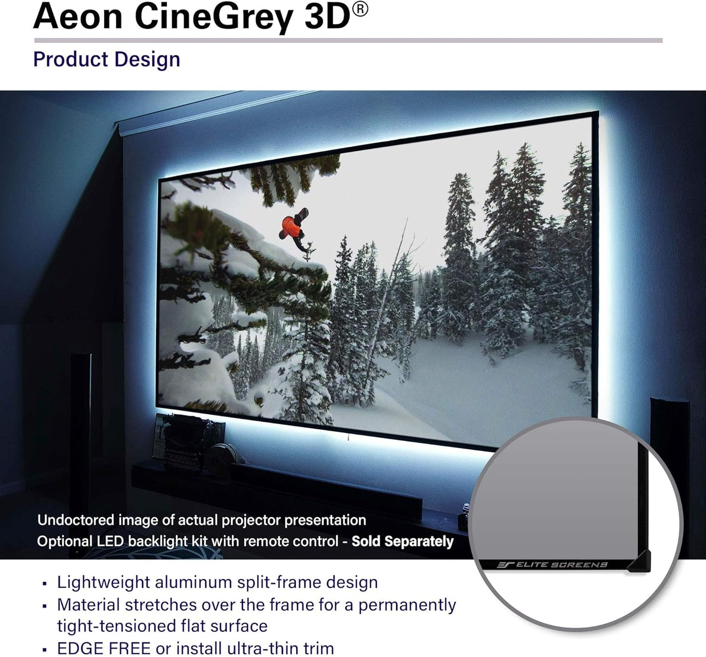 Elite Screens 110 inch CLR/ALR Projector Screen 16:9 4K, Standard Throw Projection, Edge Free Ambient Light Rejecting Fixed Frame Grey for Indoor Movie Screen Home Theater - Aeon CineGrey 3D AR110DHD3