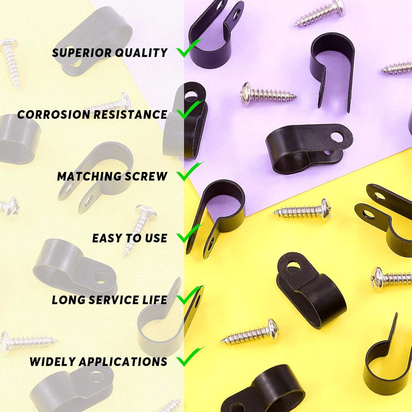 Swpeet 60 Pack Black 1/2 Inch Nylon Plastic R-Type Cable Clips Clamp Kit, Nylon Screw Mounting Cord Fastener Clips with 60 Pack Screws for Wire Management