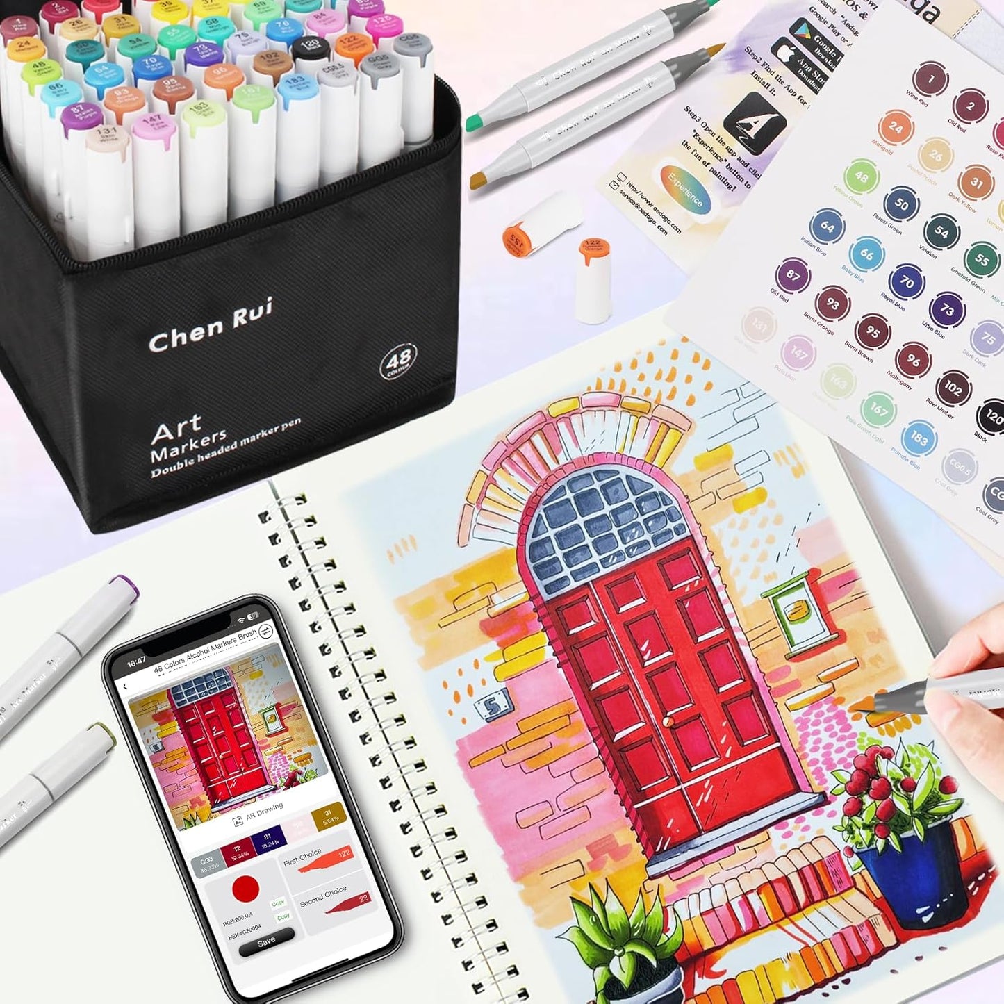 YHC 80 Colors Alcohol Brush Marker with Free App,Dual Tips Art Markers for Adults and Kids, Alcohol Based Brush & Chisel Tips Markers for Drawing, Coloring, Painting, Sketching