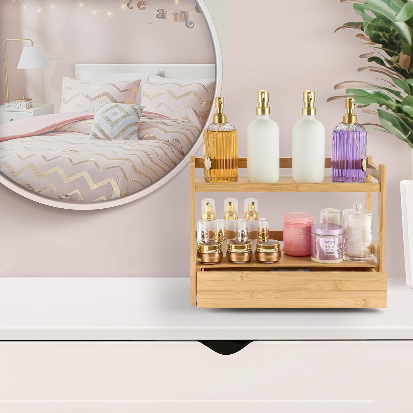 Sorbus Bamboo Bathroom Counter Organizer – 2-Tier Shelf with Hidden Drawer for Vanity, Matcha Station, Bathroom Sink Organizer Countertop, Kitchen & Office Storage (17″ L x 6.5″ W x 12.6″ H)