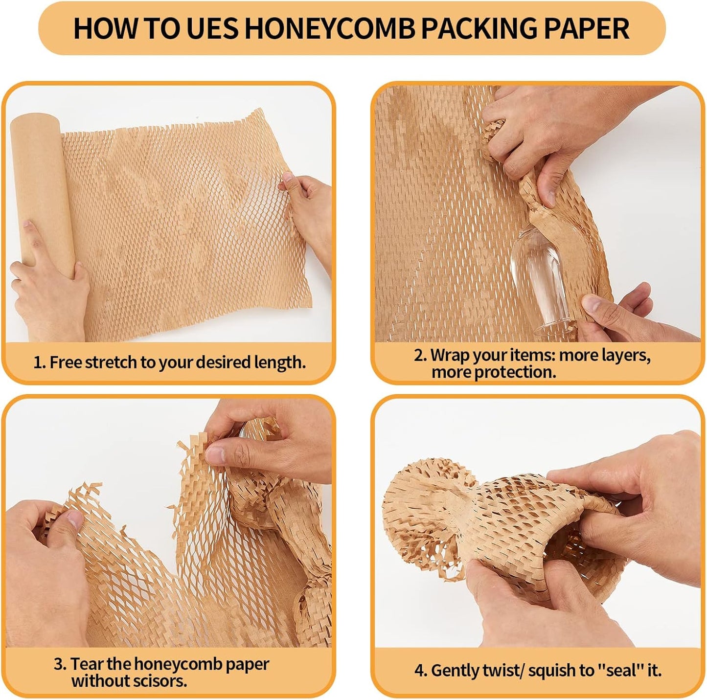 Honeycomb Packing Paper, 15"x230' Honeycomb Cushioning Bubble Wrap Paper Roll for Moving Shipping Breakables Packaging Gifts with 20 Fragile Sticker Biodegradable & Fully Recyclable Brown Kraft