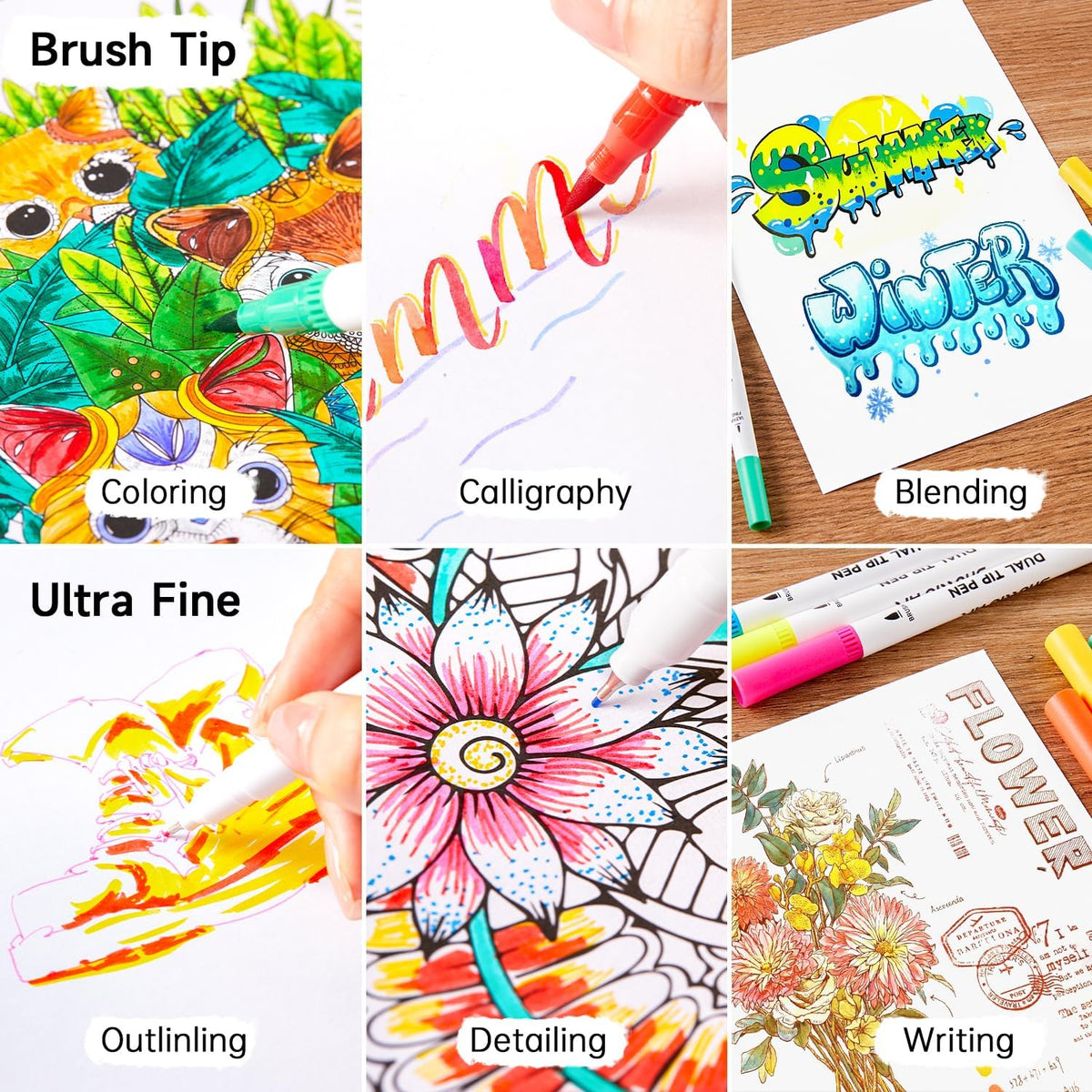 120 Colors Dual Tip Brush Marker Pens with 1 Coloring Book, Fineliner and Brush Dual Tip Markers Set, Water-based Ink Perfect for Kids Adult Artist Calligraphy Hand Lettering Journal Doodling Writing