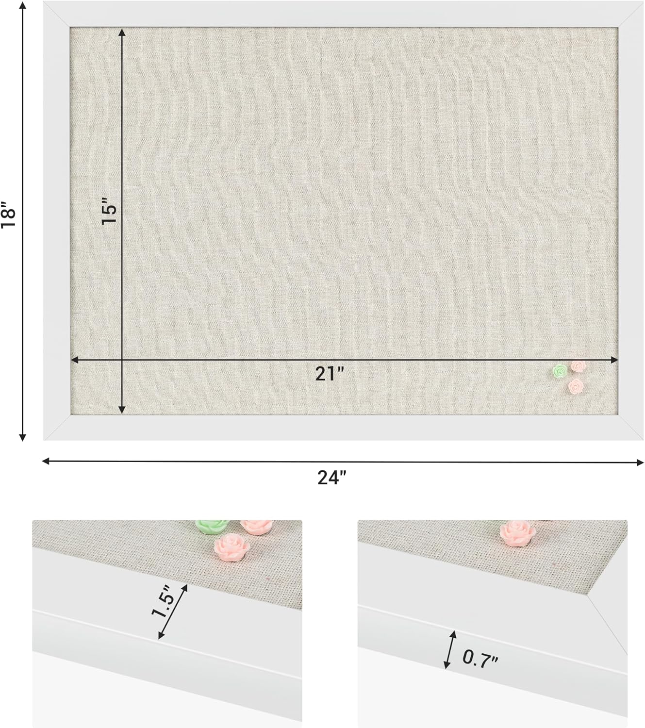 Board2by White Cork Board Bulletin Board with Linen, Wood Framed 24" x 18" Corkboard, Office Board for Wall Decor, Wall Mounted Pin Board Picture Board with 20 Pushpins for School, Home & Office