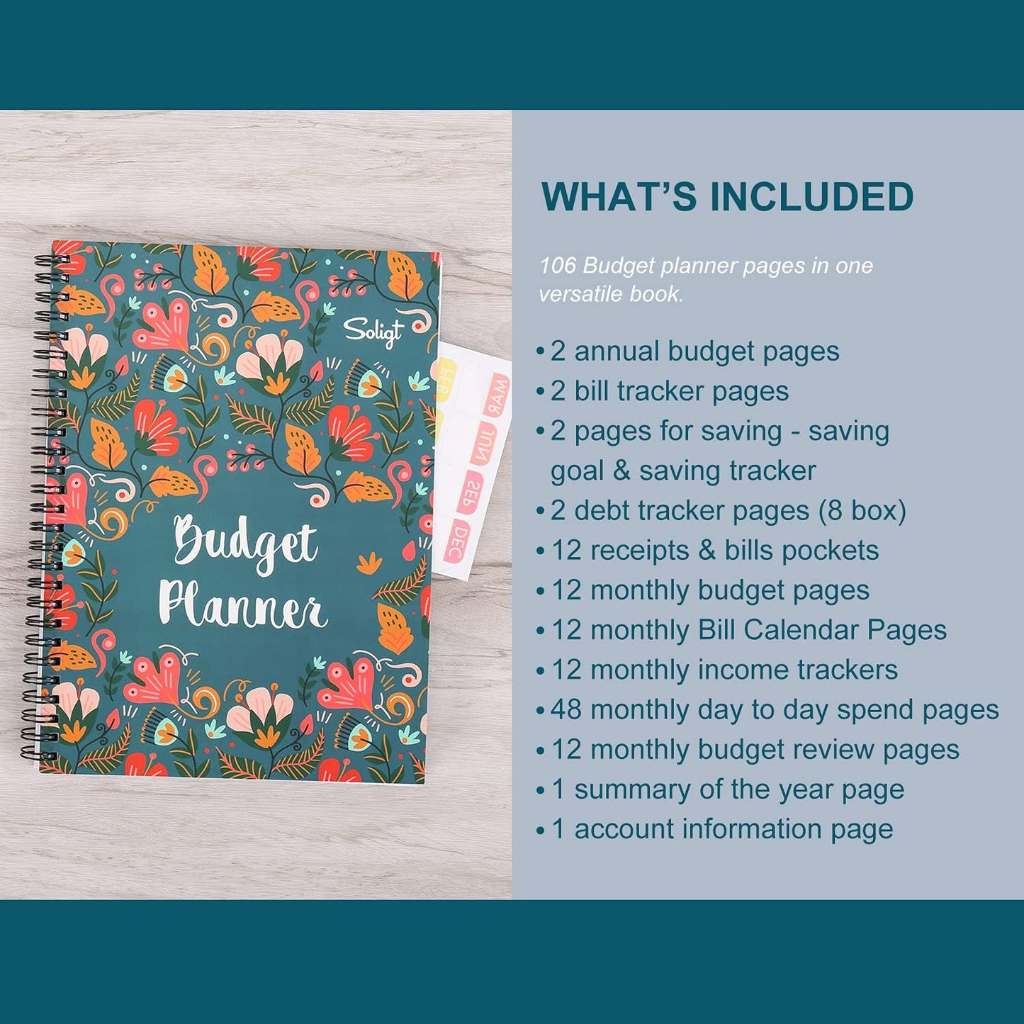 Soligt Budget Planner 2025-2026, Monthly Budget Book Bill Organizer with 12 Pockets, Undated Home Financial Money Expense Saving Debt Tracker Notebook, 1 Year, Blue Floral, Spiral Design