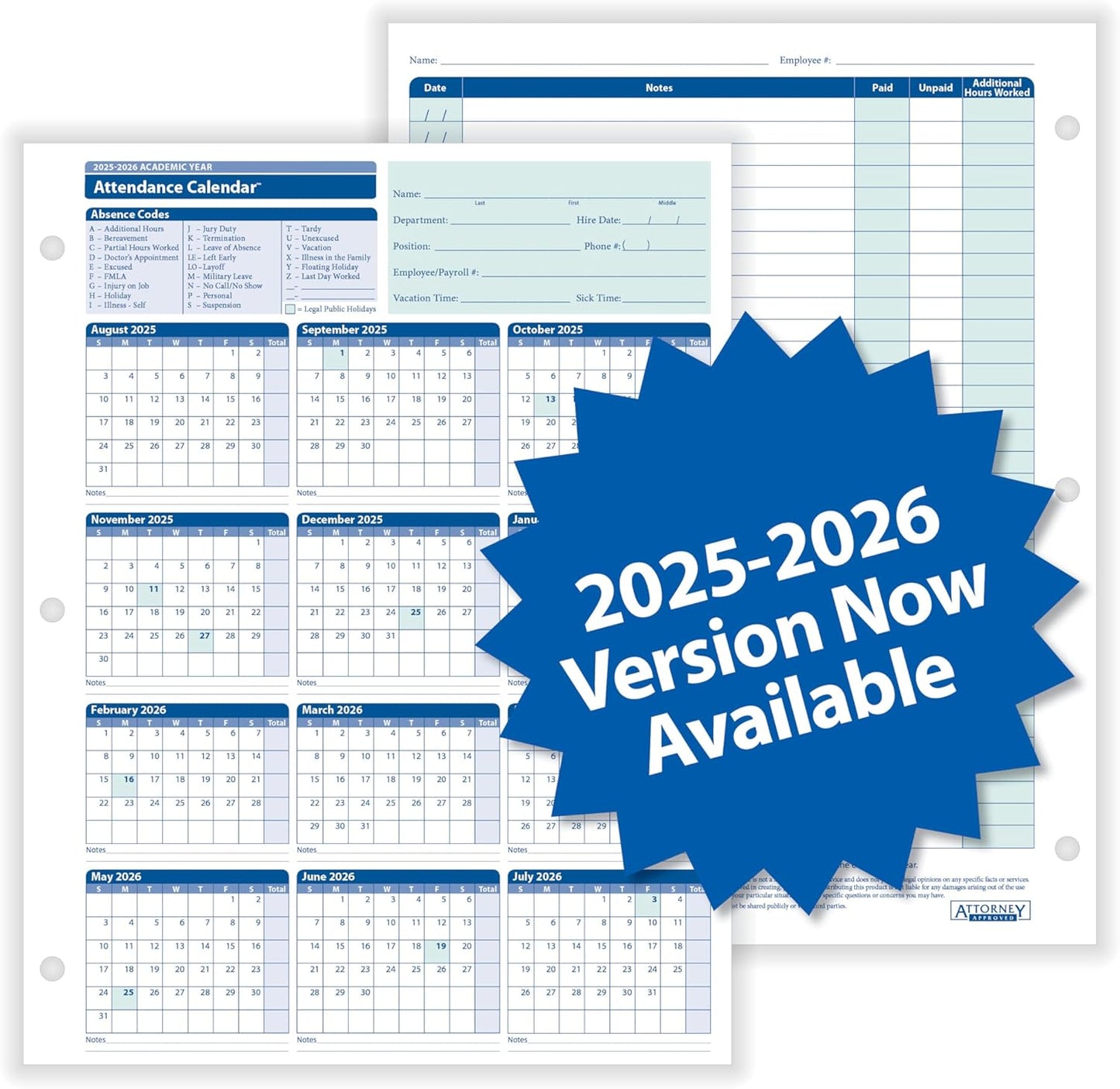 2025-2026 Academic Attendance Calendar, Pack Of 50
