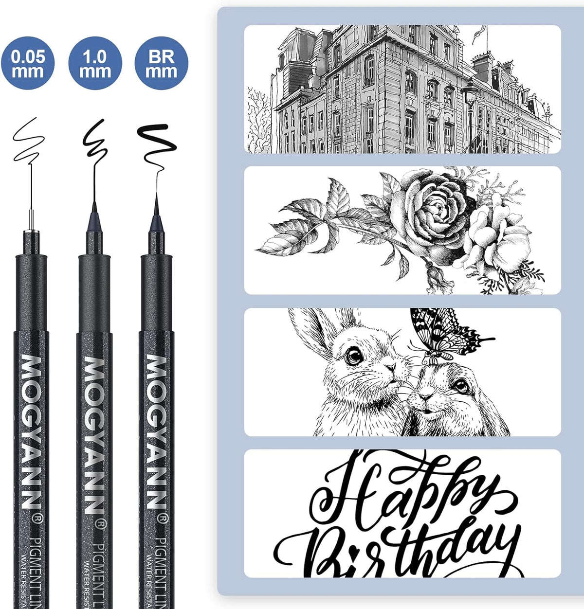Mogyann Drawing Pens Black Art Pens for Drawing 12 Size Waterproof Ink Pens for Artists Sketching, Manga, Writing