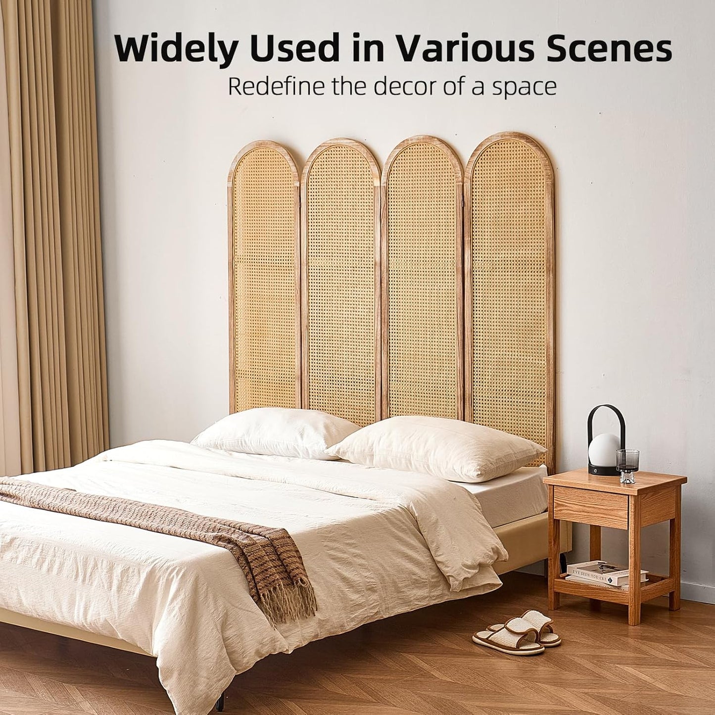 4 Panel Room Divider, 5.6 Ft Foldable Wood Room Divider Screen, Hand-Woven Rattan Folding Privacy Screens with Double Hinges, Wall Divider for Room Separation Bedroom Home Office - Natural