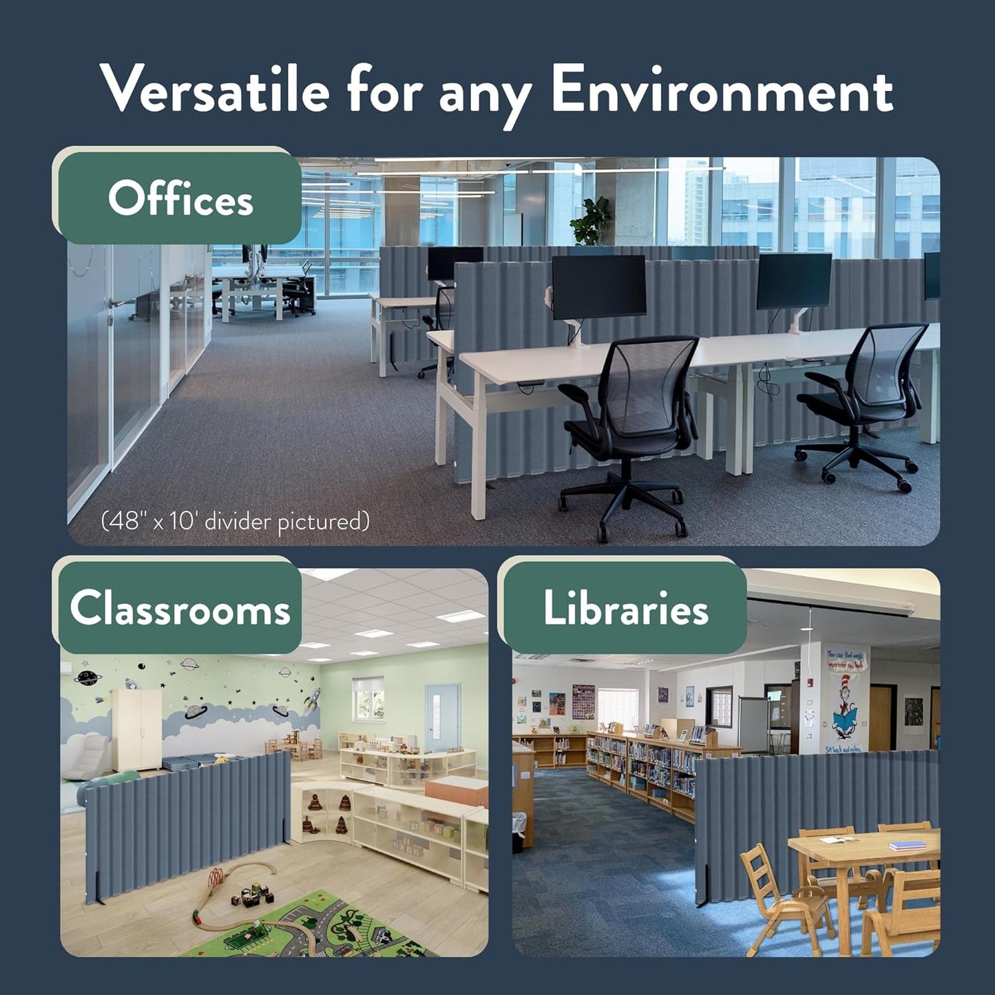 Children’s Factory 30" x 10' Quiet Divider with Sound Dampening Panels, Freestanding Room Divider Wall, Slate Blue