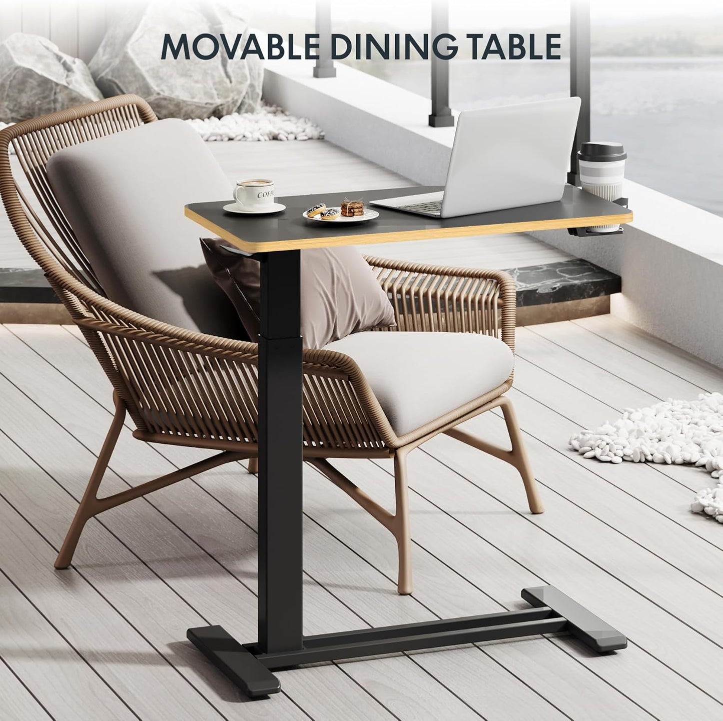 FLEXISPOT Mobile Standing Desk with Wheels Pneumatic Laptop Desk Rolling Computer Cart Movable Height Adjustable Small Sit Stand Desk Computer Workstations Home Use(31.5" W x 17.7" D, Black+Maple